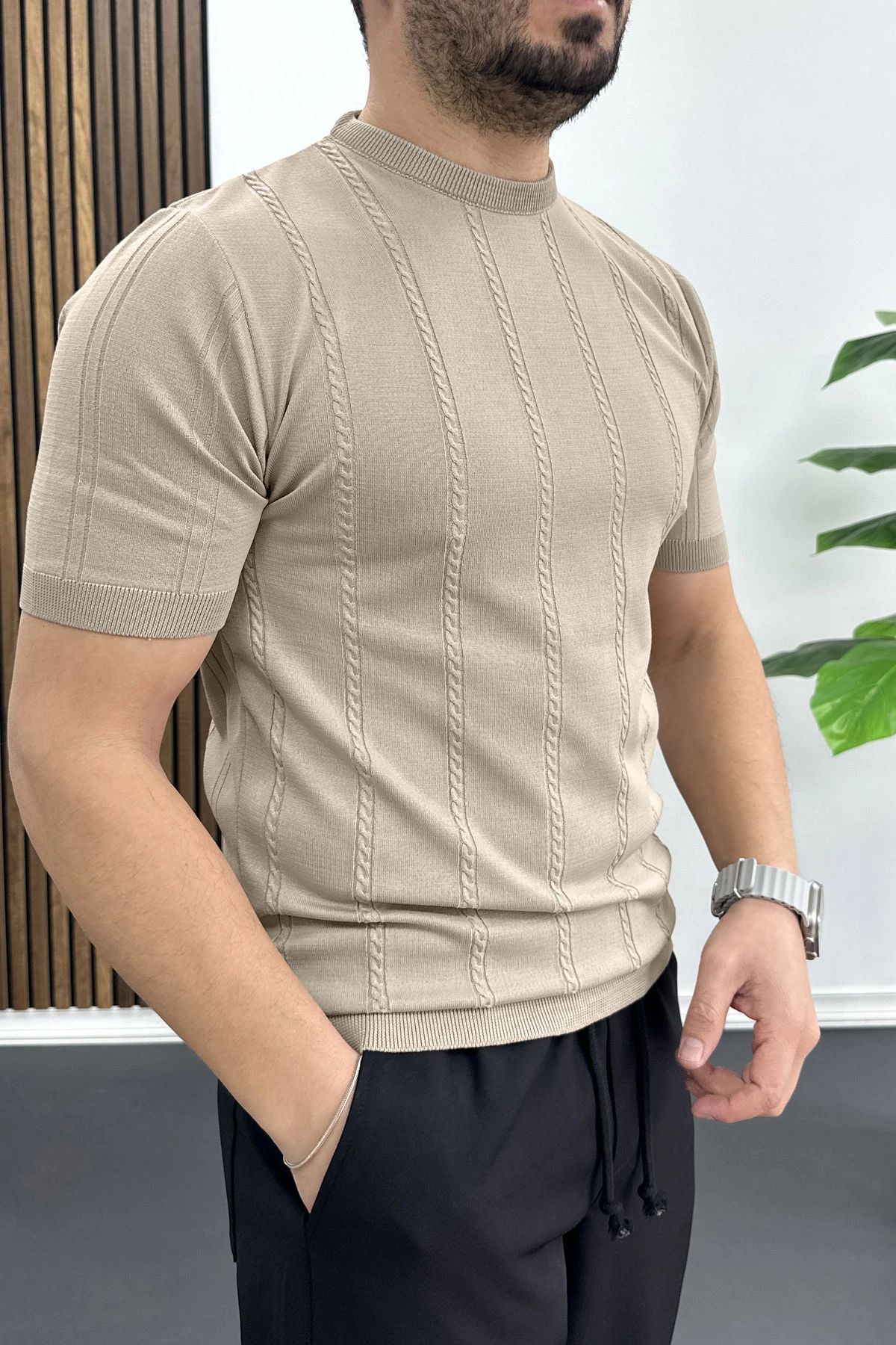 Erkek Bisiklet Yaka Desenli Tişört Vizon Edw454