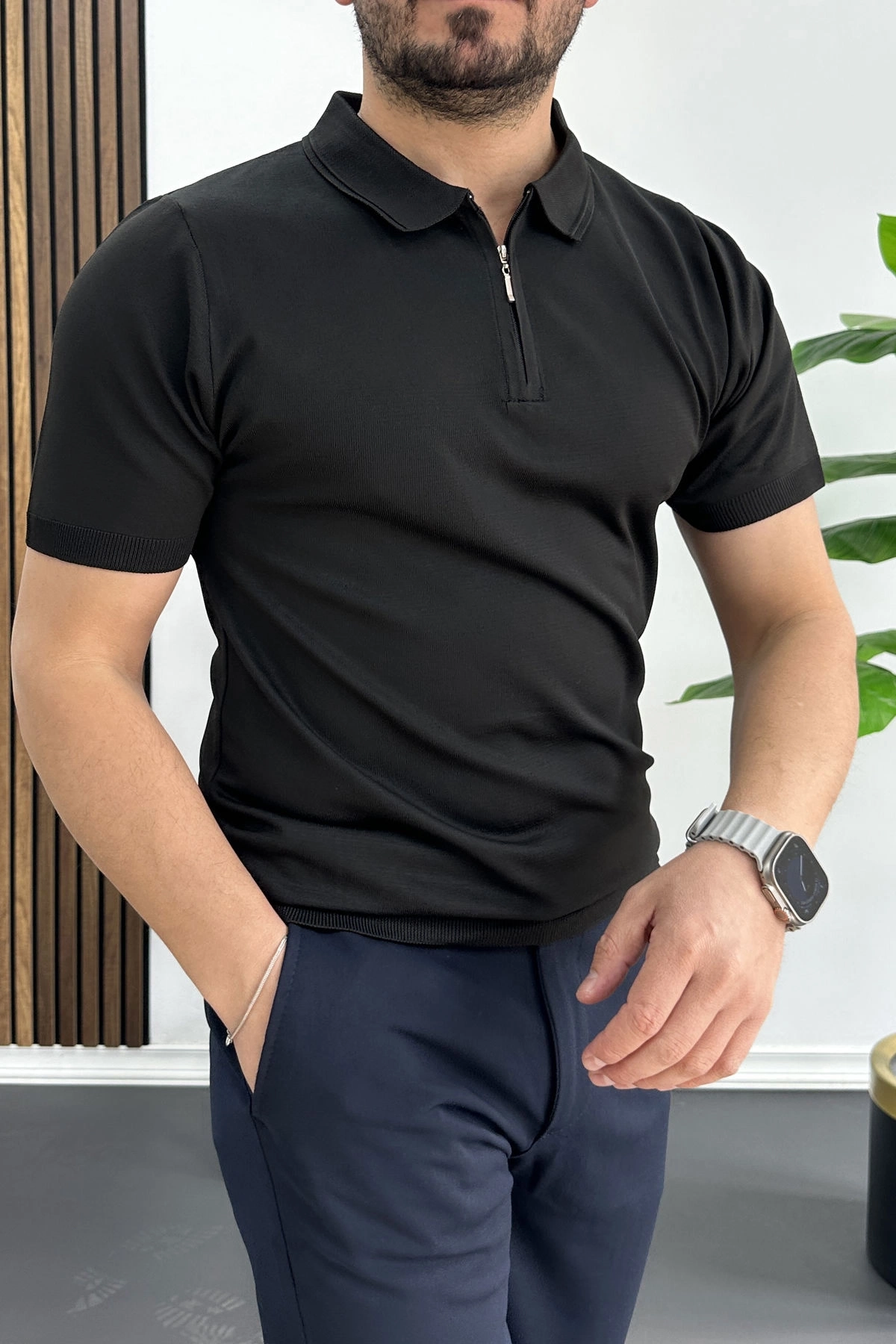 Erkek Polo Yaka Düz Tişört Siyah Edw455
