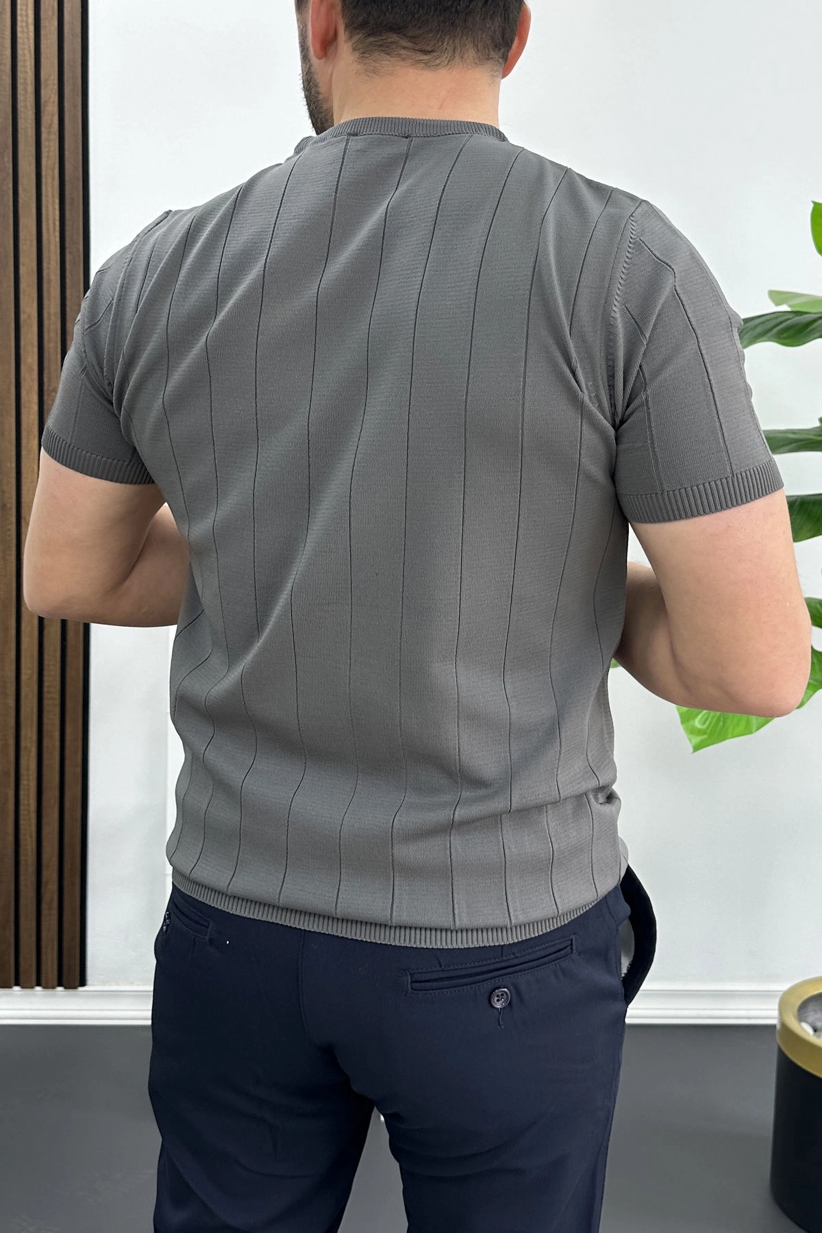 Erkek Bisiklet Yaka Çizgili Tişört Füme Edw456