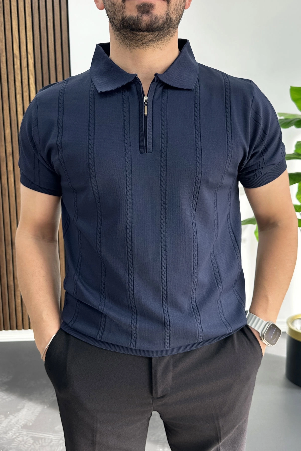 Erkek Desenli Polo Yaka Tişört Lacivert Edw457