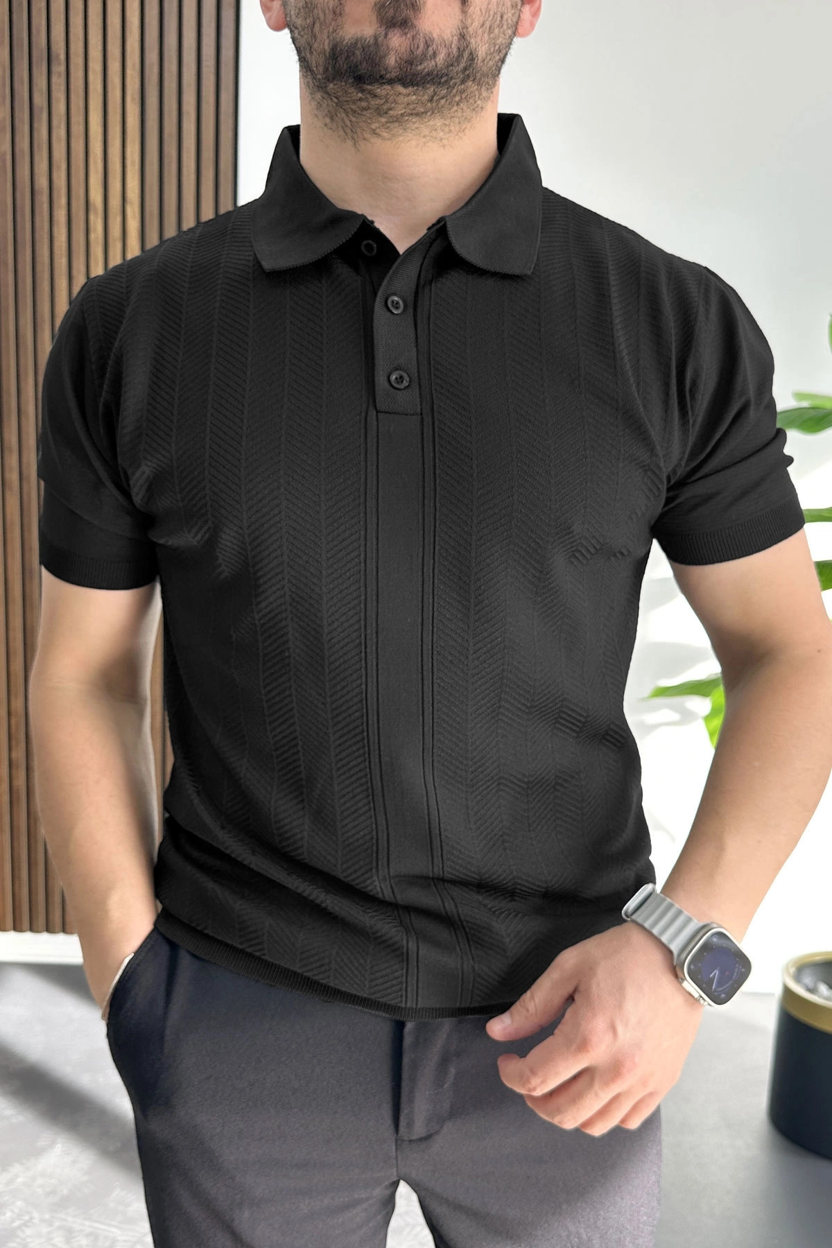 Erkek Desenli Polo Yaka Tişört Siyah Edw460