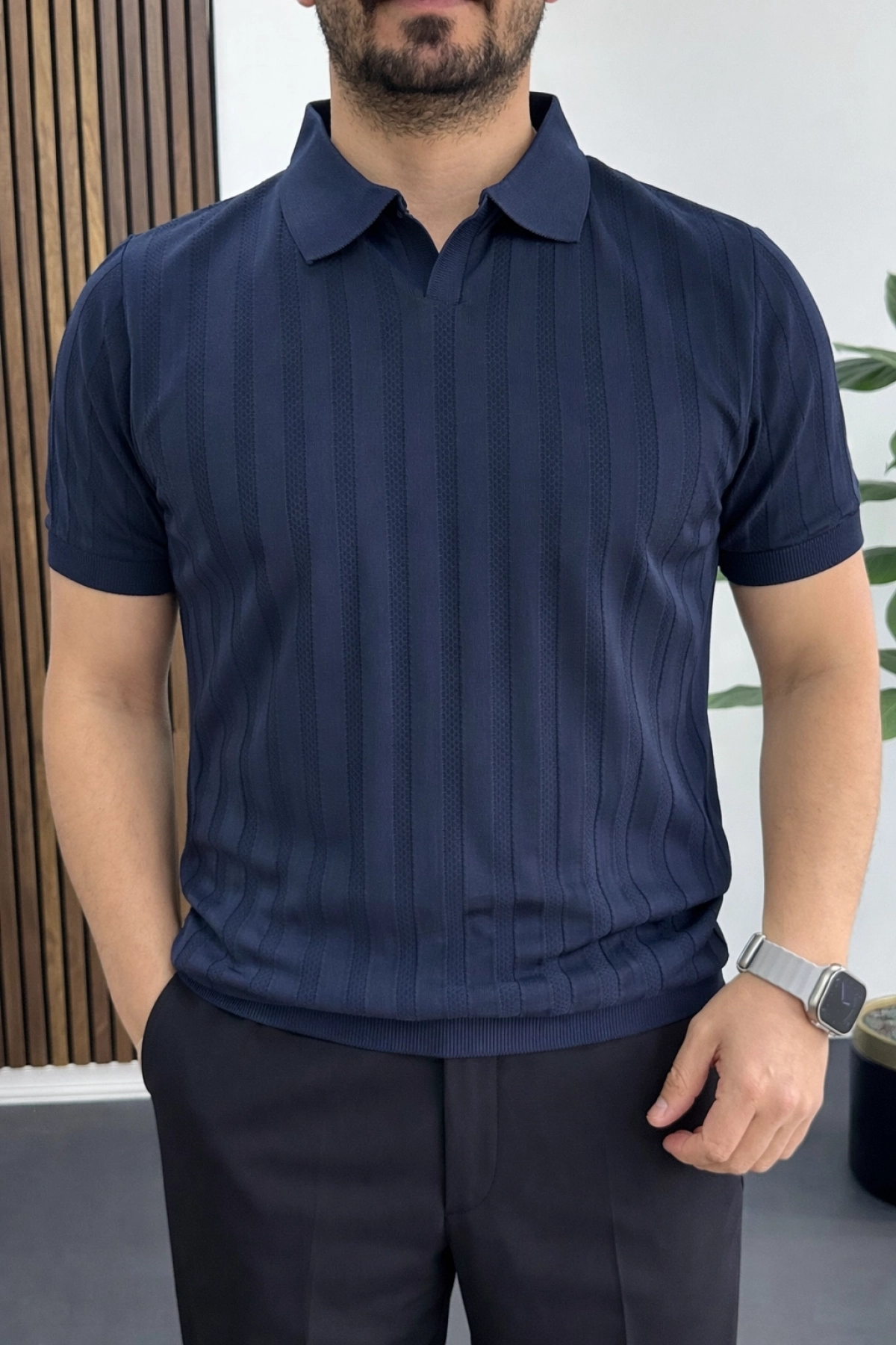 Erkek Açık Yaka Desenli Tişört Lacivert Edw453