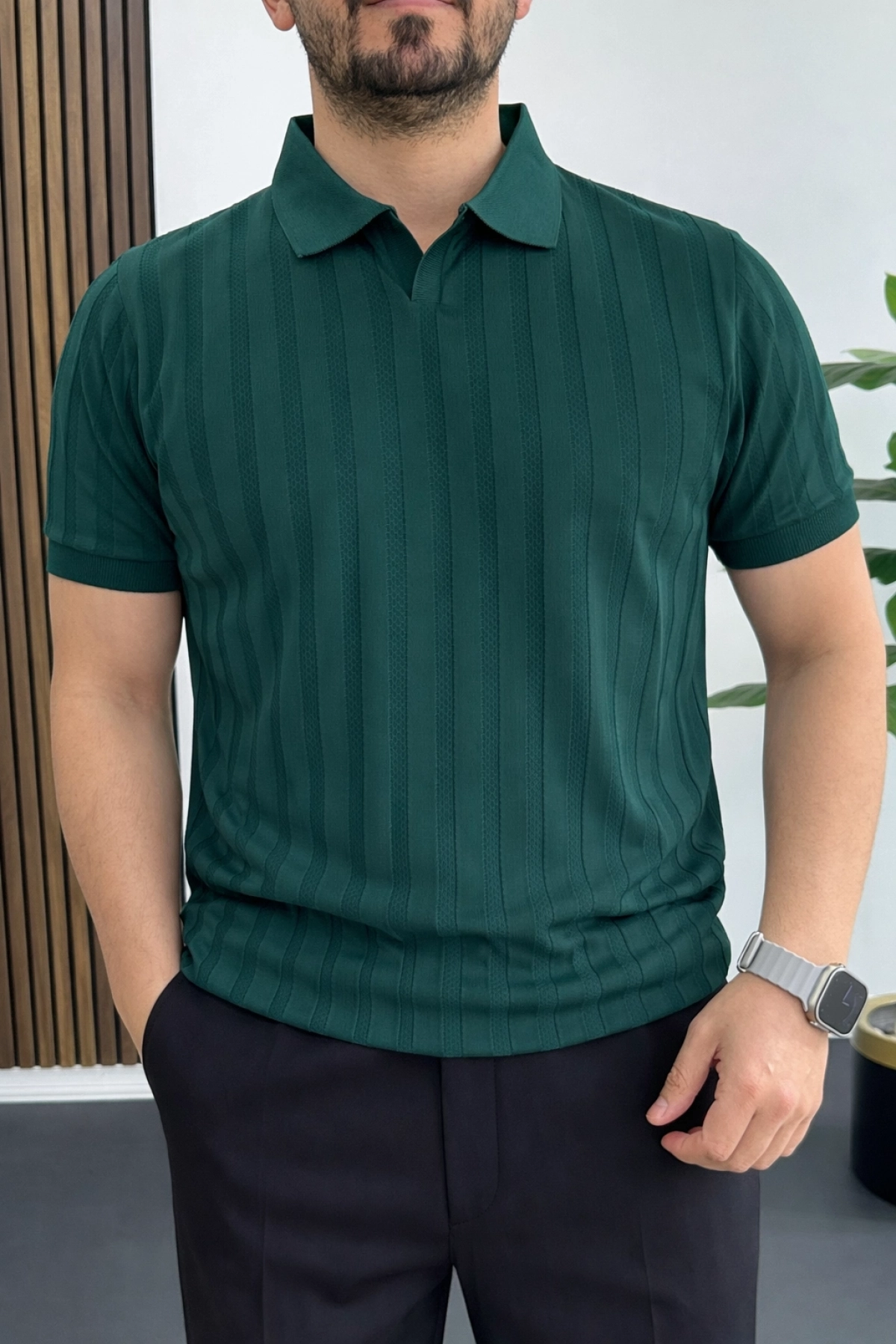 Erkek Açık Yaka Desenli Tişört Yeşil Edw453