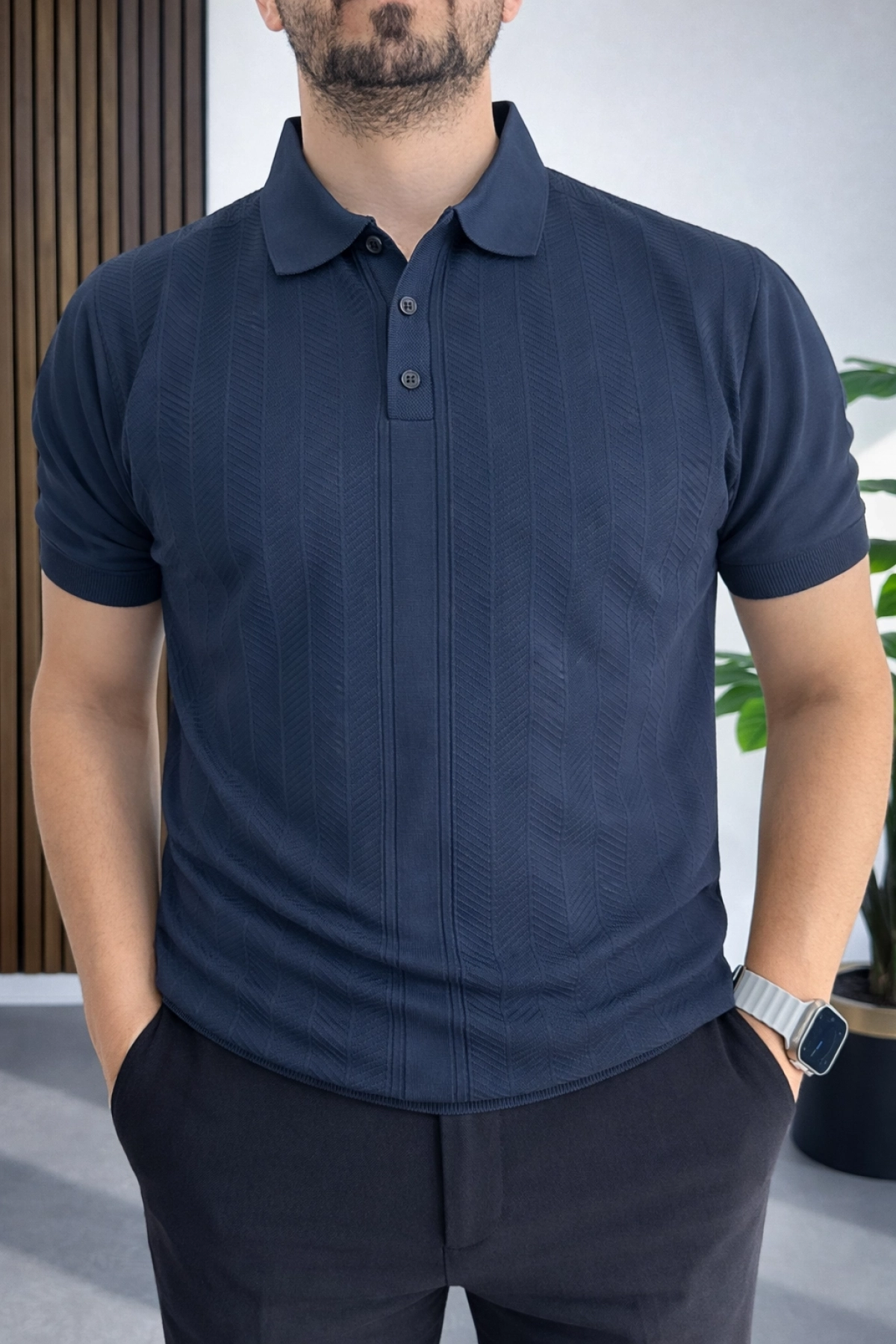 Erkek Desenli Polo Yaka Tişört Lacivert Edw460