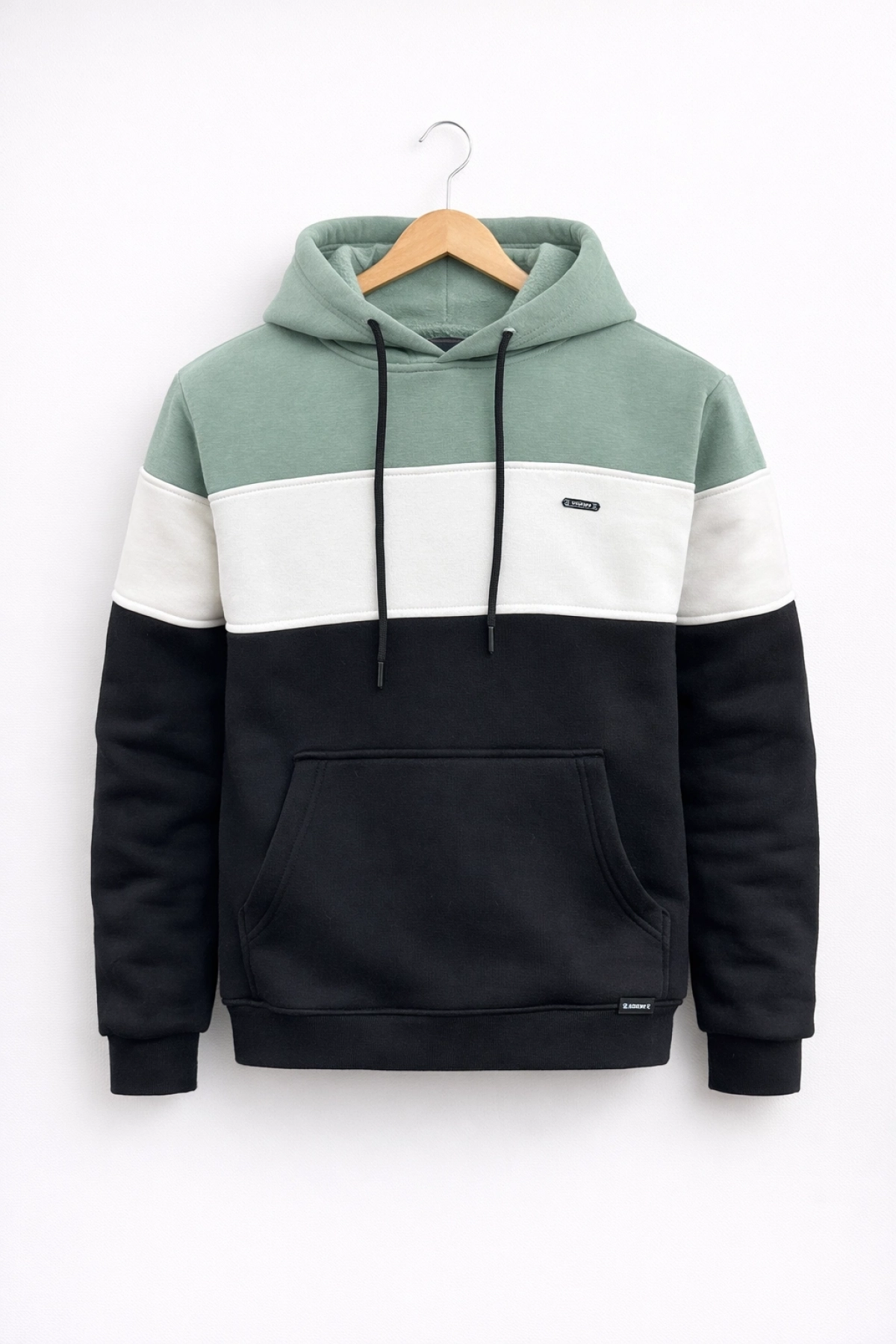 Erkek Slim Fit Renk Bloklu Kapüşonlu Sweatshirt Açık Yeşil Edw438