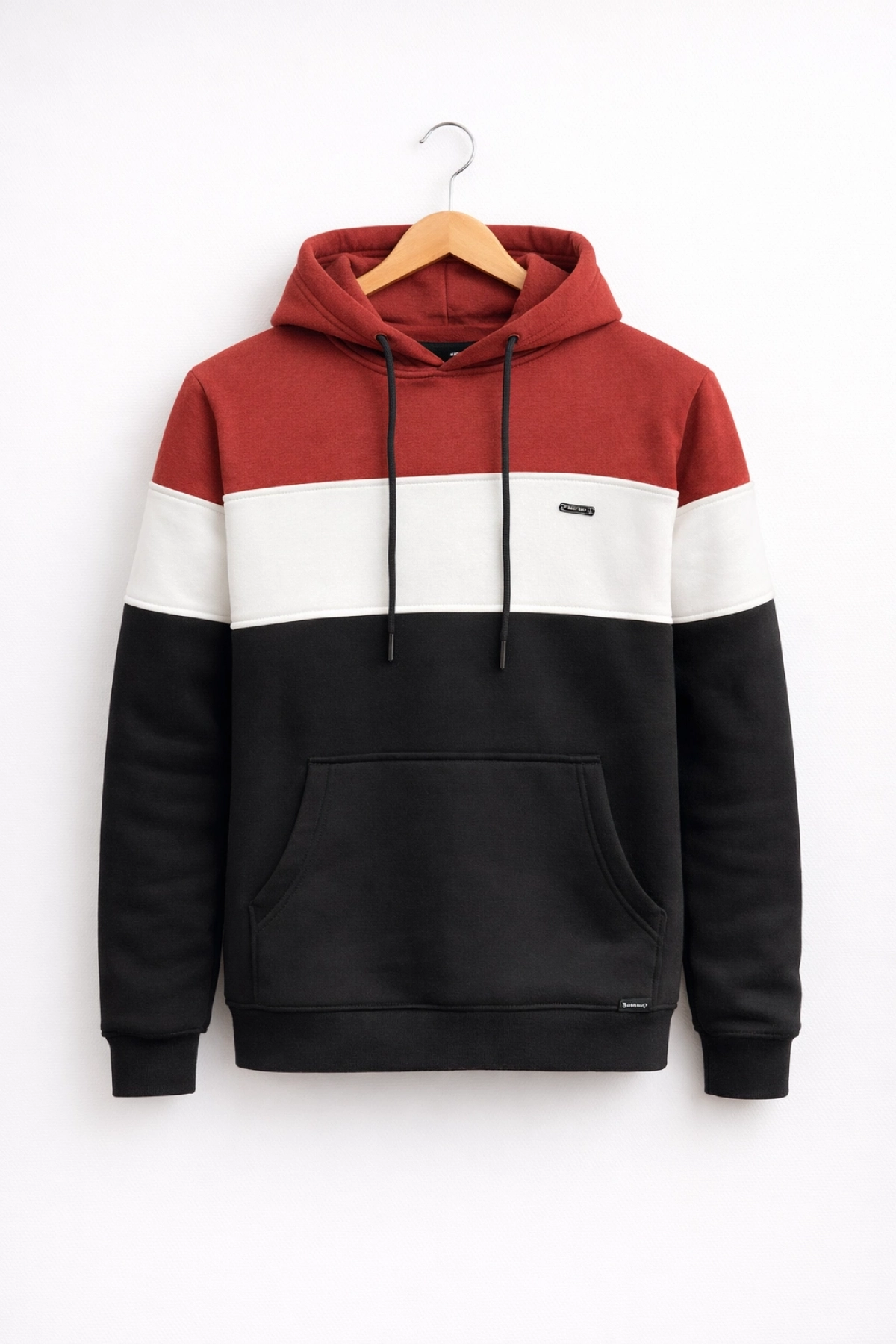 Erkek Slim Fit Renk Bloklu Kapüşonlu Sweatshirt Kırmızı Edw438