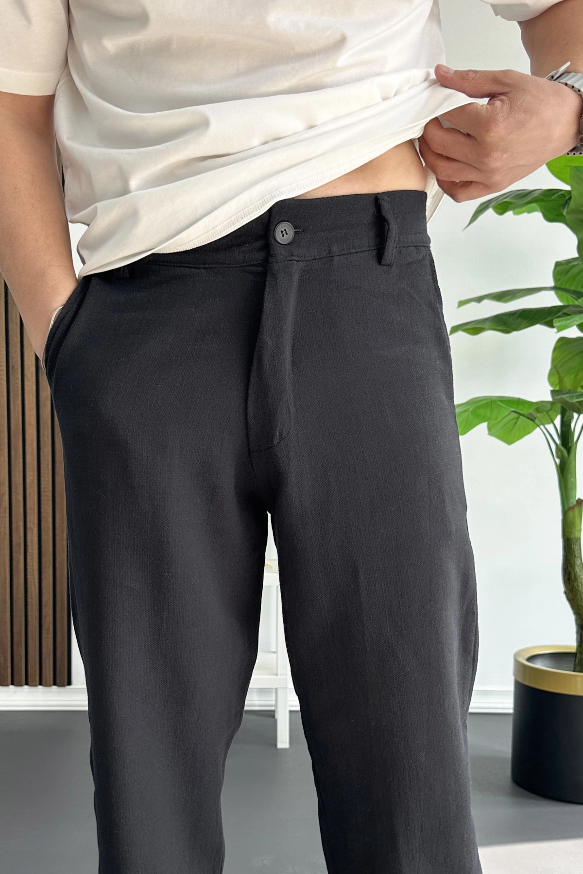 Erkek Beli Düğmeli Pantolon Siyah Edw469