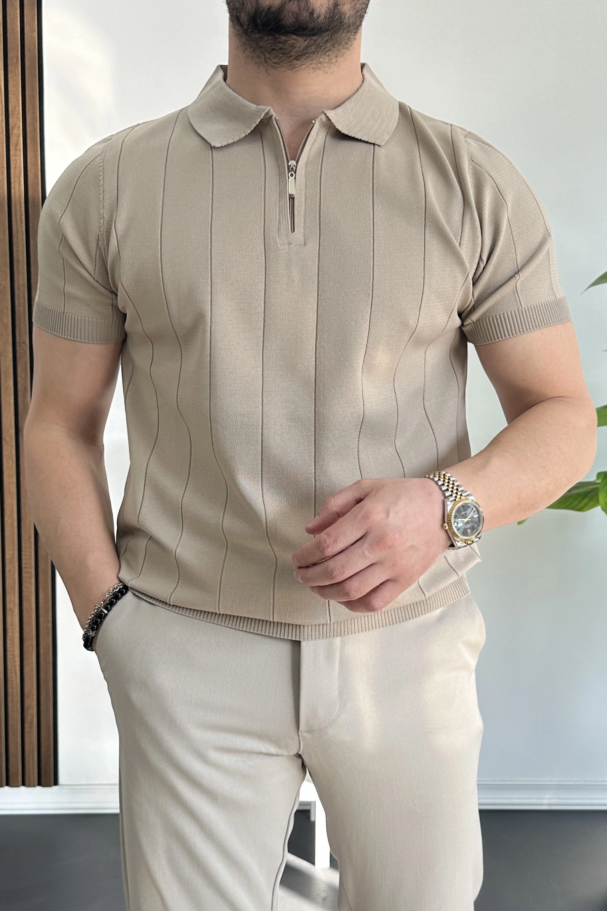 Erkek Slim Fit Fermuarlı Polo Yaka Tişört Vizon Edw452