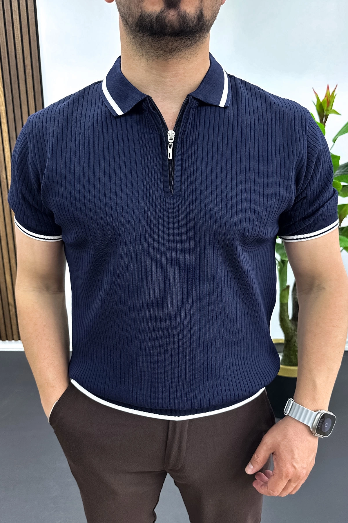 Erkek Polo Yaka Çizgili Tişört Lacivert Edw472