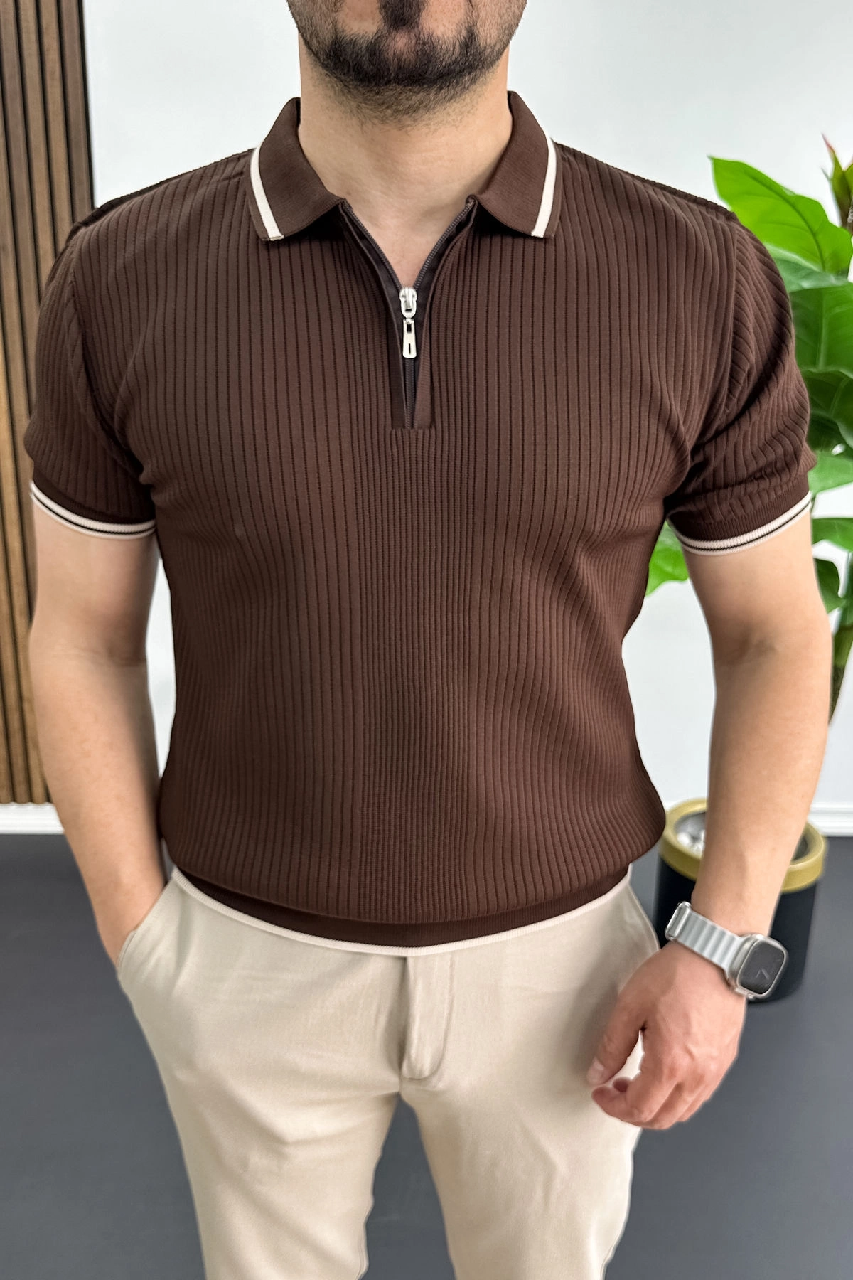 Erkek Polo Yaka Çizgili Tişört Kahverengi Edw472