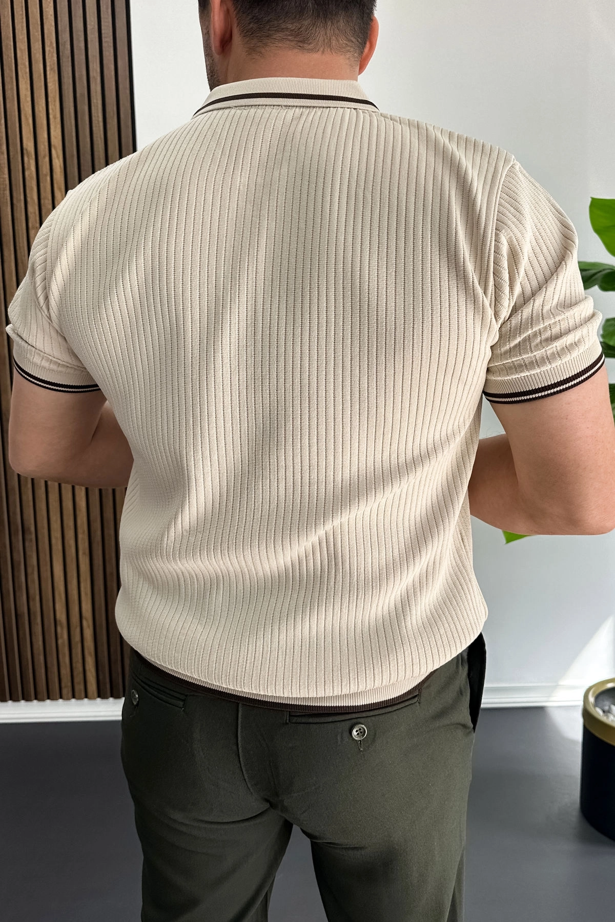 Erkek Polo Yaka Çizgili Tişört Krem Edw472