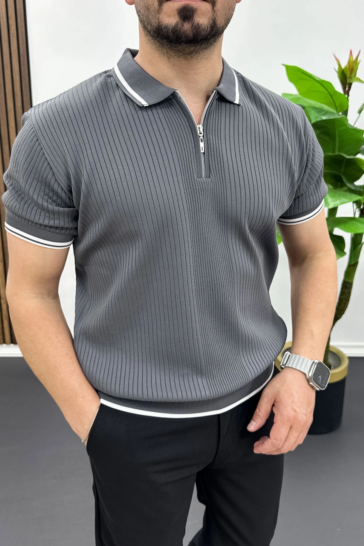 Erkek Polo Yaka Çizgili Tişört Füme Edw472