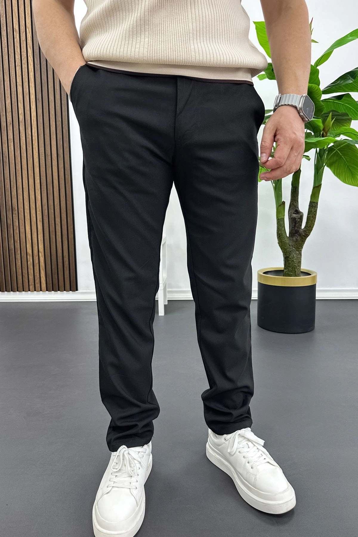 Erkek Slim Fit Beli Düğmeli Pantolon Siyah Edw473