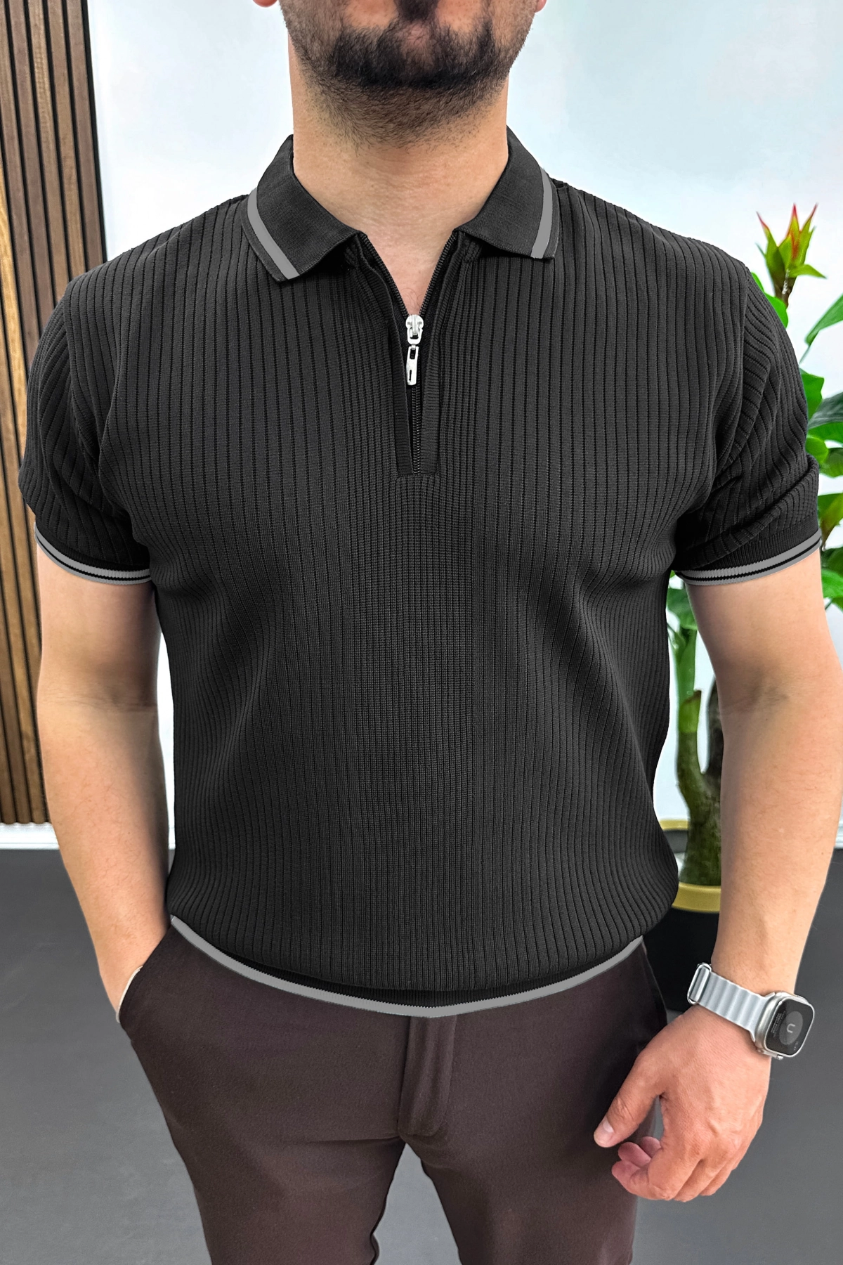 Erkek Polo Yaka Çizgili Tişört Siyah Edw472