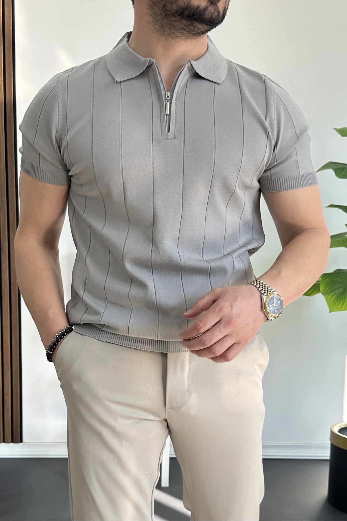 Erkek Slim Fit Fermuarlı Polo Yaka Tişört Gri Edw452