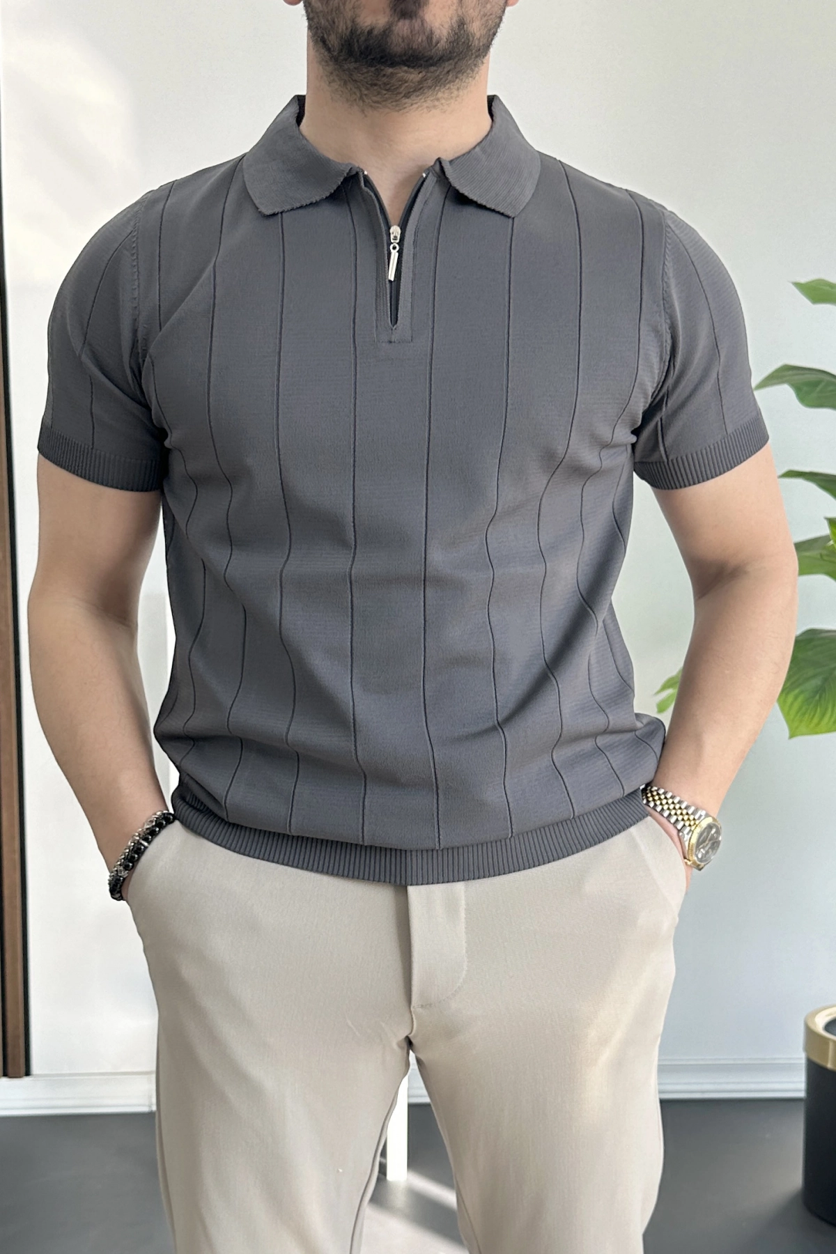 Erkek Slim Fit Fermuarlı Polo Yaka Tişört Antrasit Edw452