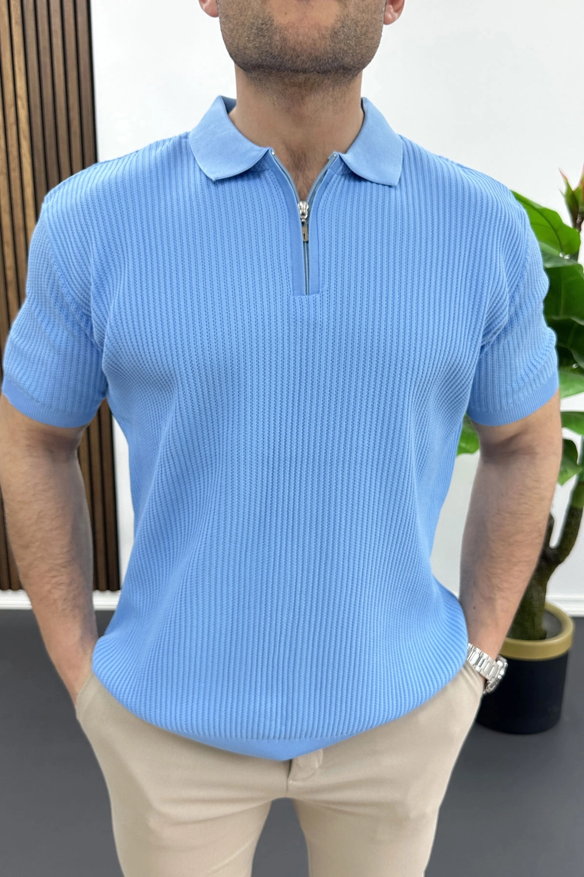 Erkek Polo Yaka Likralı Tişört Açık Mavi Edw491