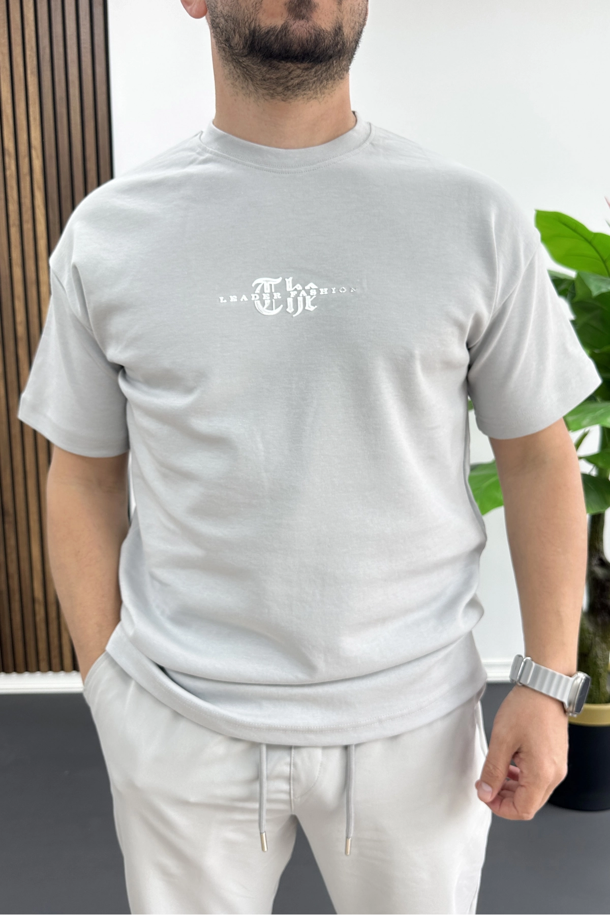 Erkek Kabartma Baskılı Slogan Tişört Gri Edw490