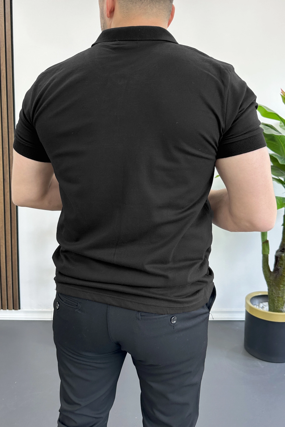 Erkek Slim Fit Düz Renk Pamuklu Soft Polo Tişört Siyah Edw365