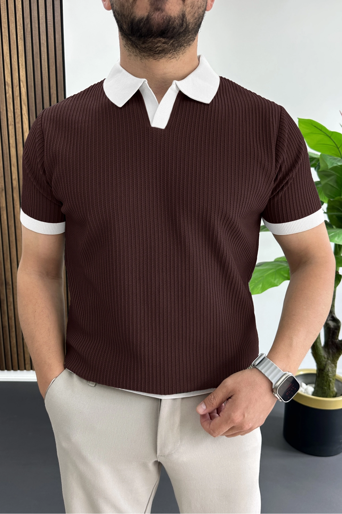 Erkek Yaka Renkli Tişört Bordo Edw496