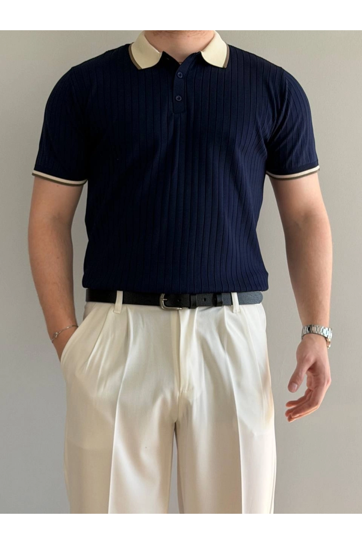 Erkek Şerit Detaylı Polo Yaka Tişört Lacivert Edw497