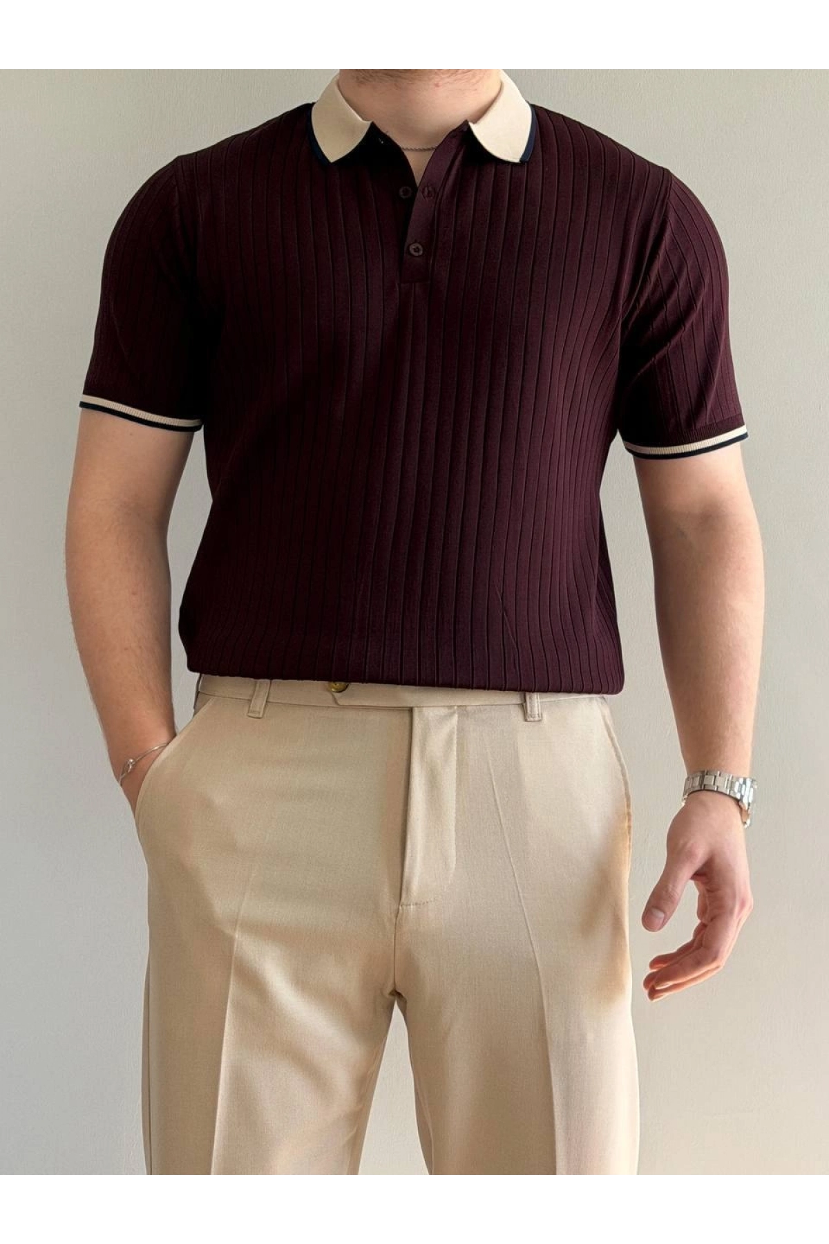 Erkek Şerit Detaylı Polo Yaka Tişört Bordo Edw497