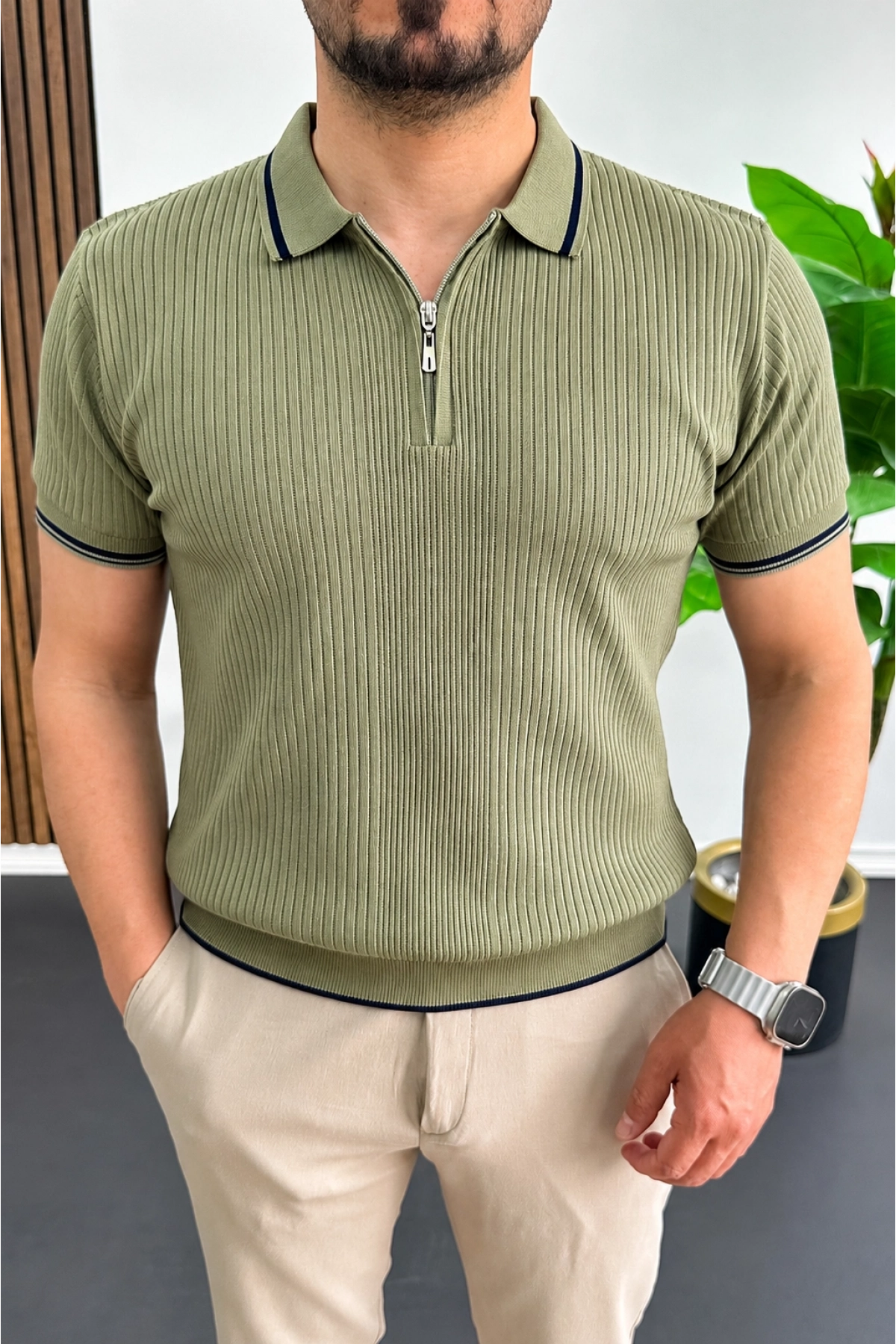 Erkek Polo Yaka Çizgili Tişört Haki Edw472