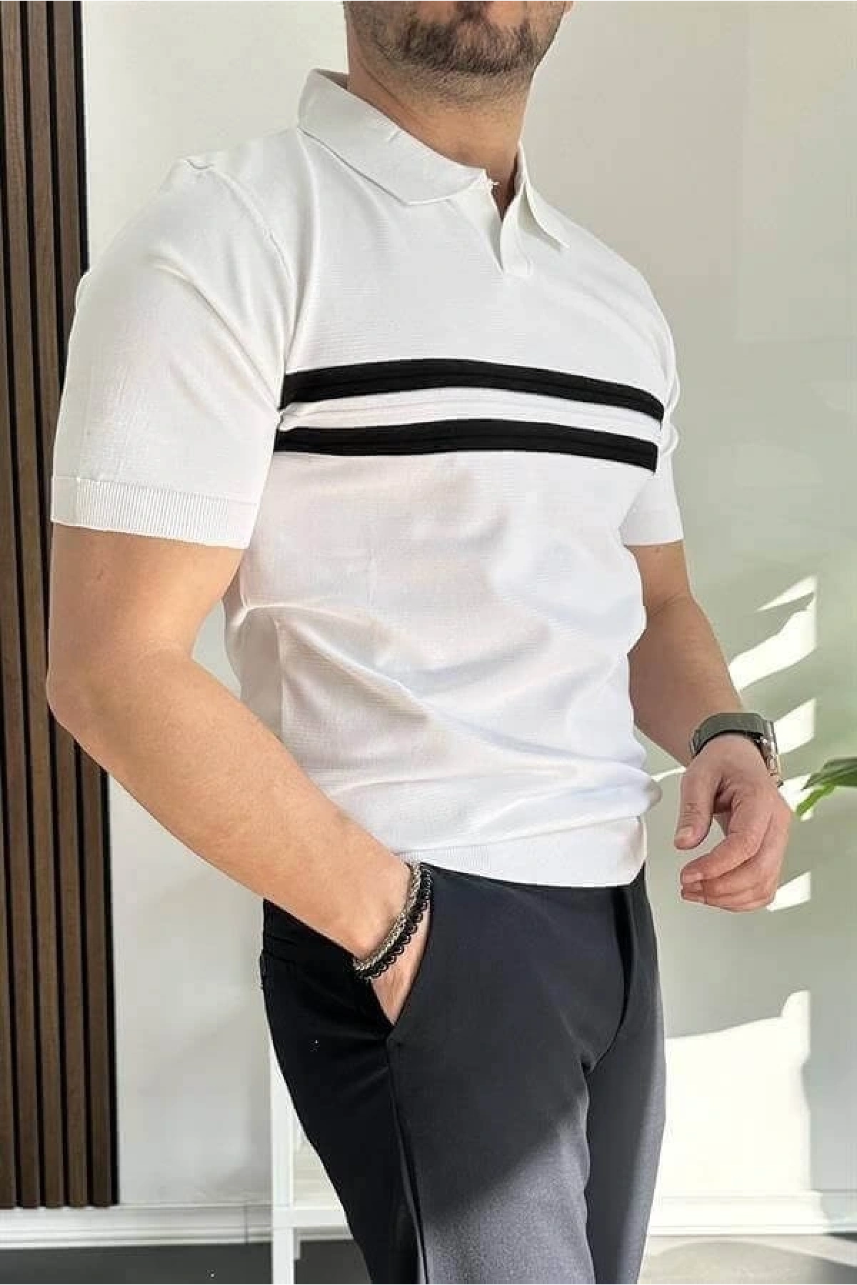 Erkek Açık Yaka Çizgli Tişört Beyaz Edw236