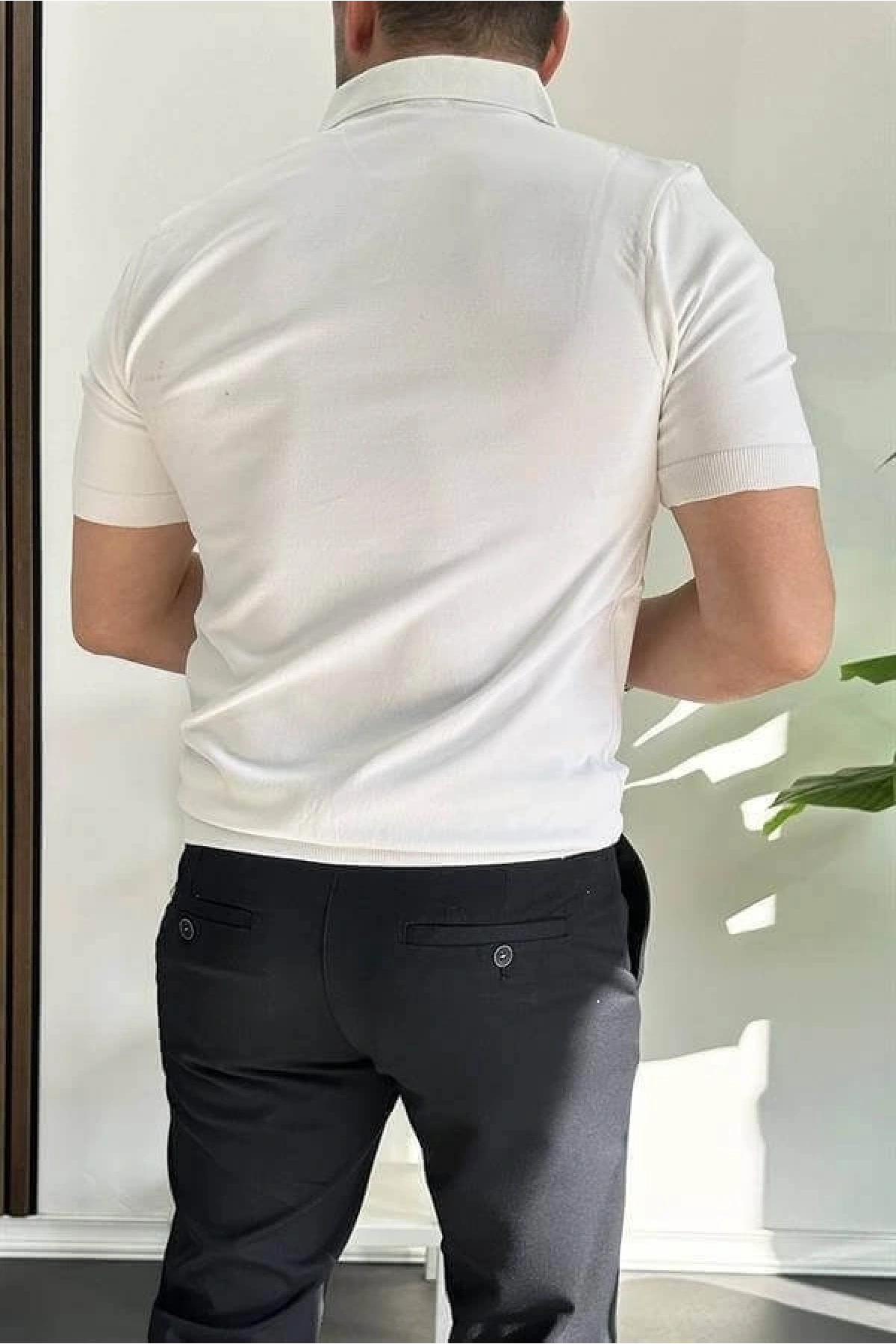 Erkek Açık Yaka Çizgli Tişört Beyaz Edw236