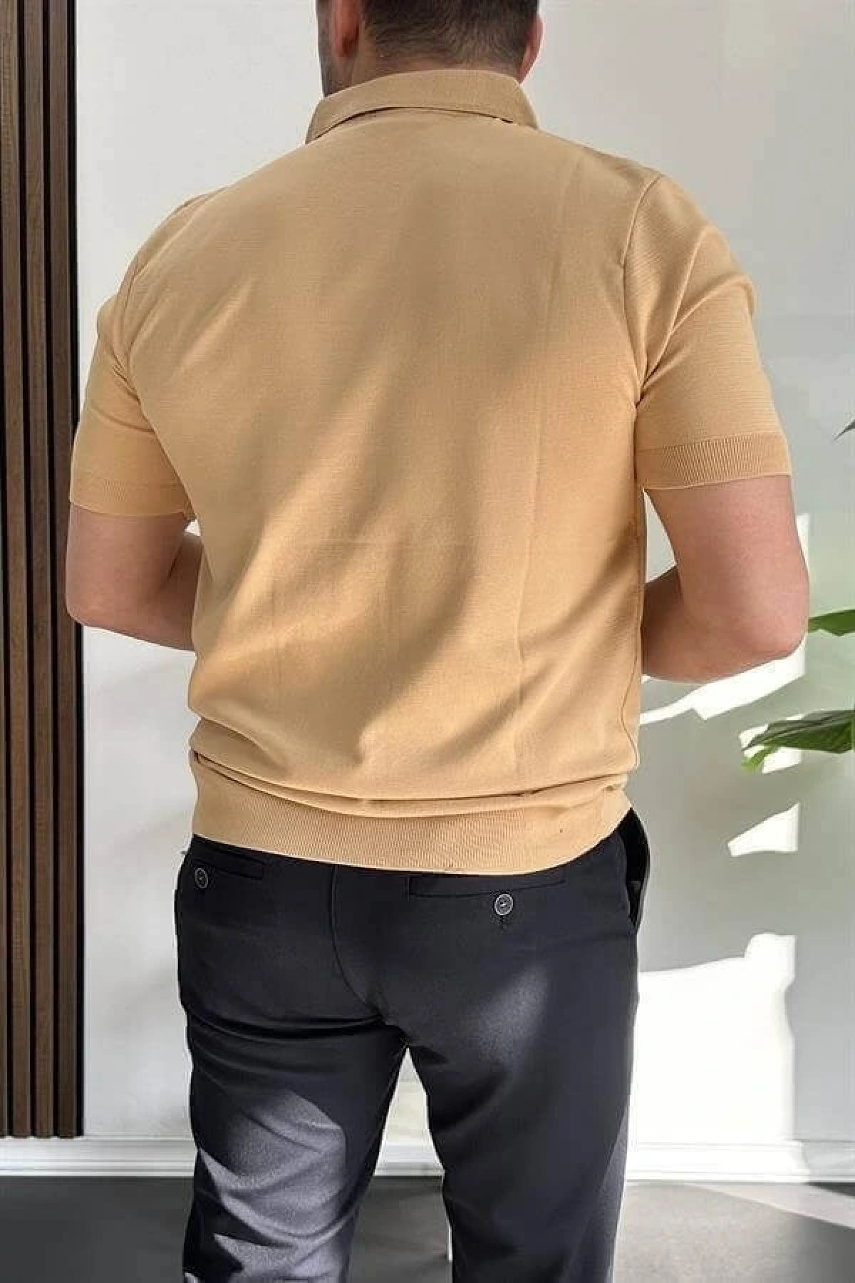 Erkek Açık Yaka Çizgli Tişört Sarı Edw236