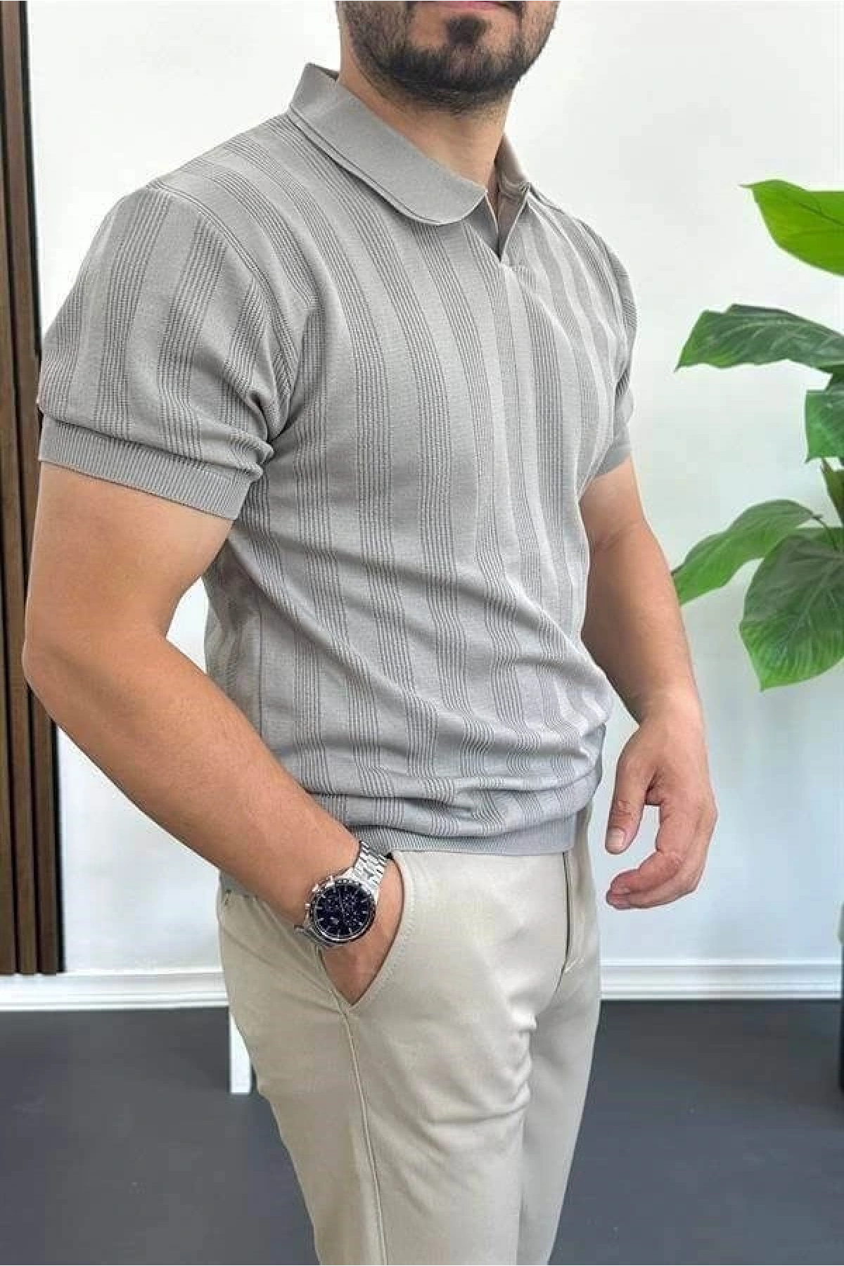 Erkek Açık Yaka Desenli Tişört Gri Edw385
