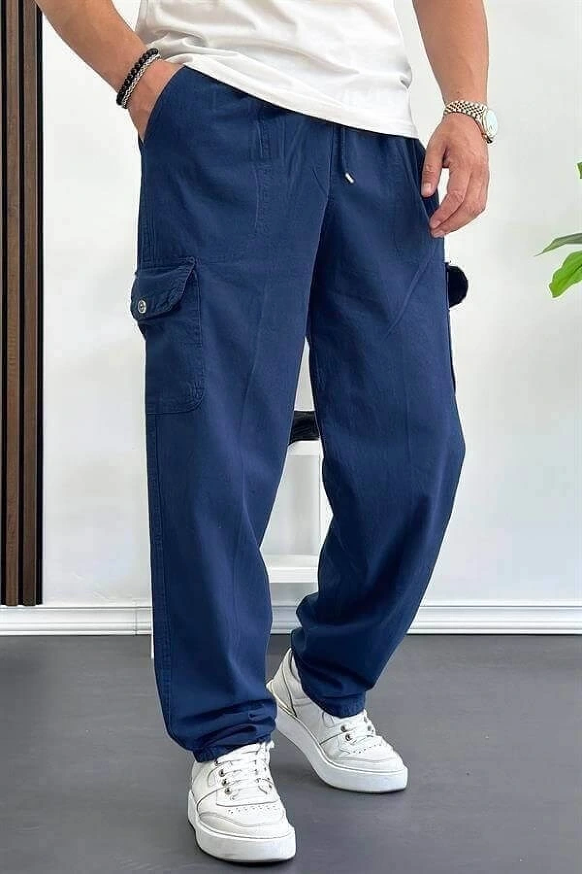 Erkek Baggy Kalıp Kargo Cepli Pantolon Lacivert Edw131