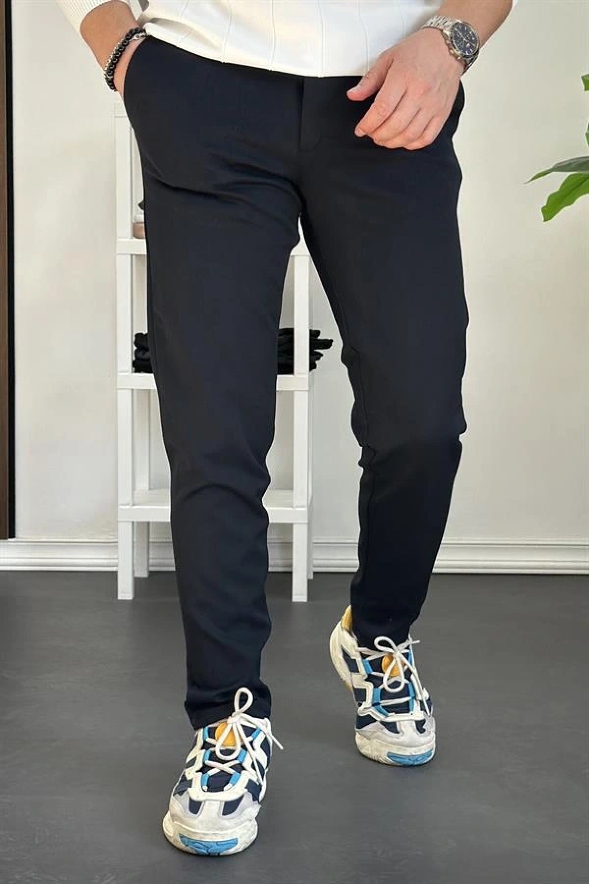 Erkek Beli Düğmeli Dar Paça Jogger Pantolon Lacivert Edw224