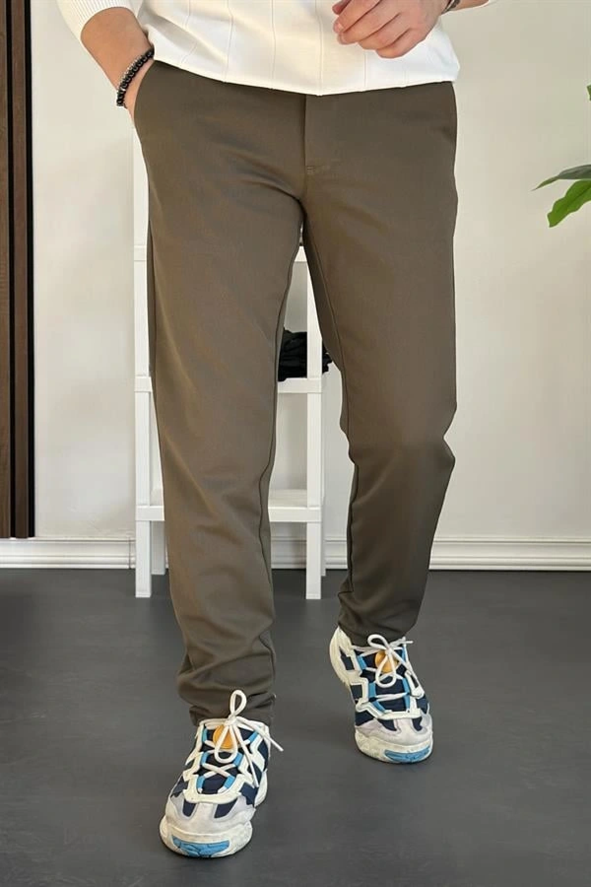 Erkek Beli Düğmeli Dar Paça Jogger Pantolon Yeşil Edw224