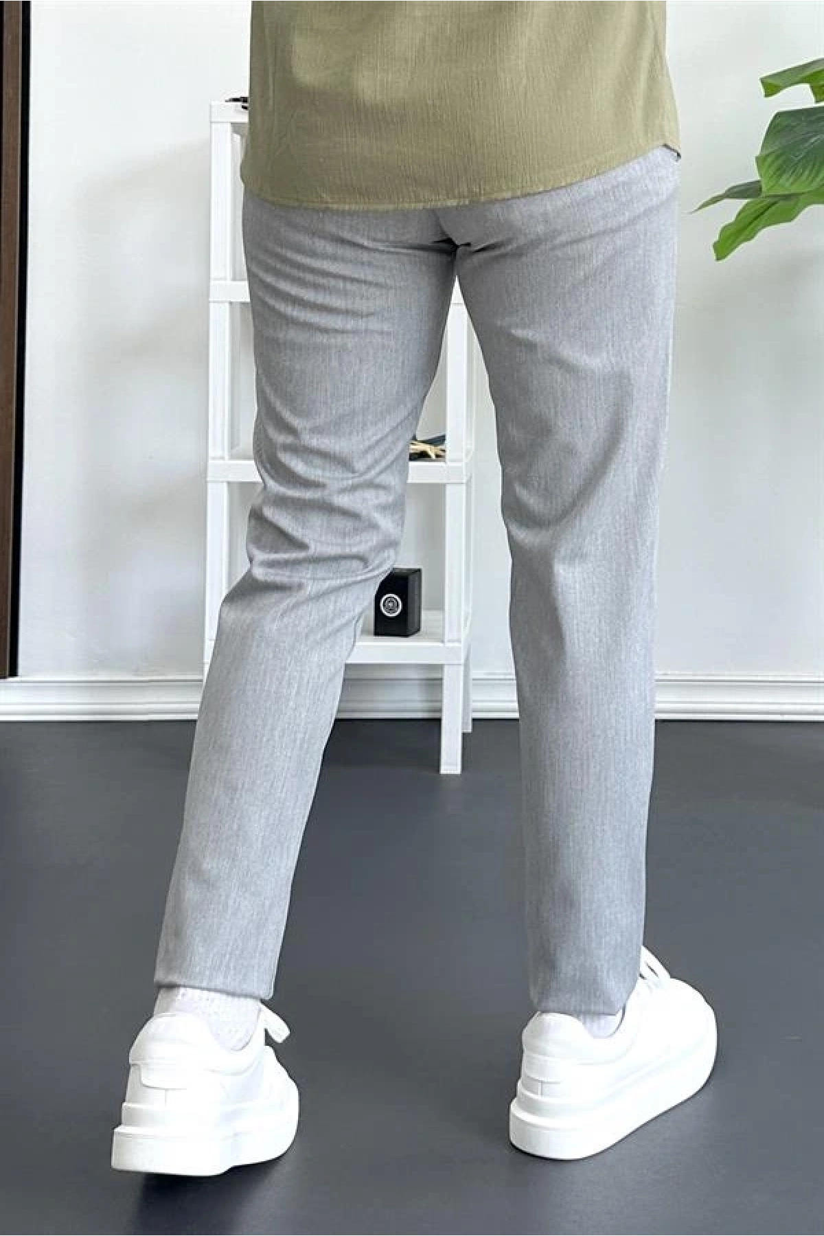 Erkek Beli Düğmeli Pamuklu Dar Kalıp Pantolon Gri Edw364