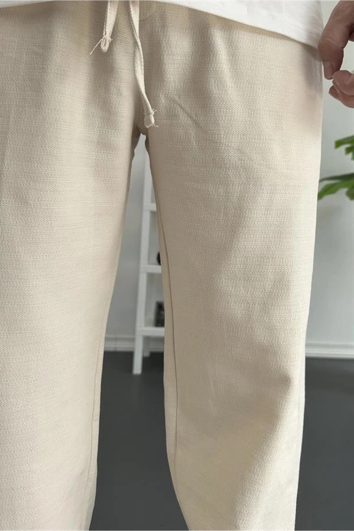 Erkek Beli Lastikli Baggy Kalıp Pantolon Krem Edw356