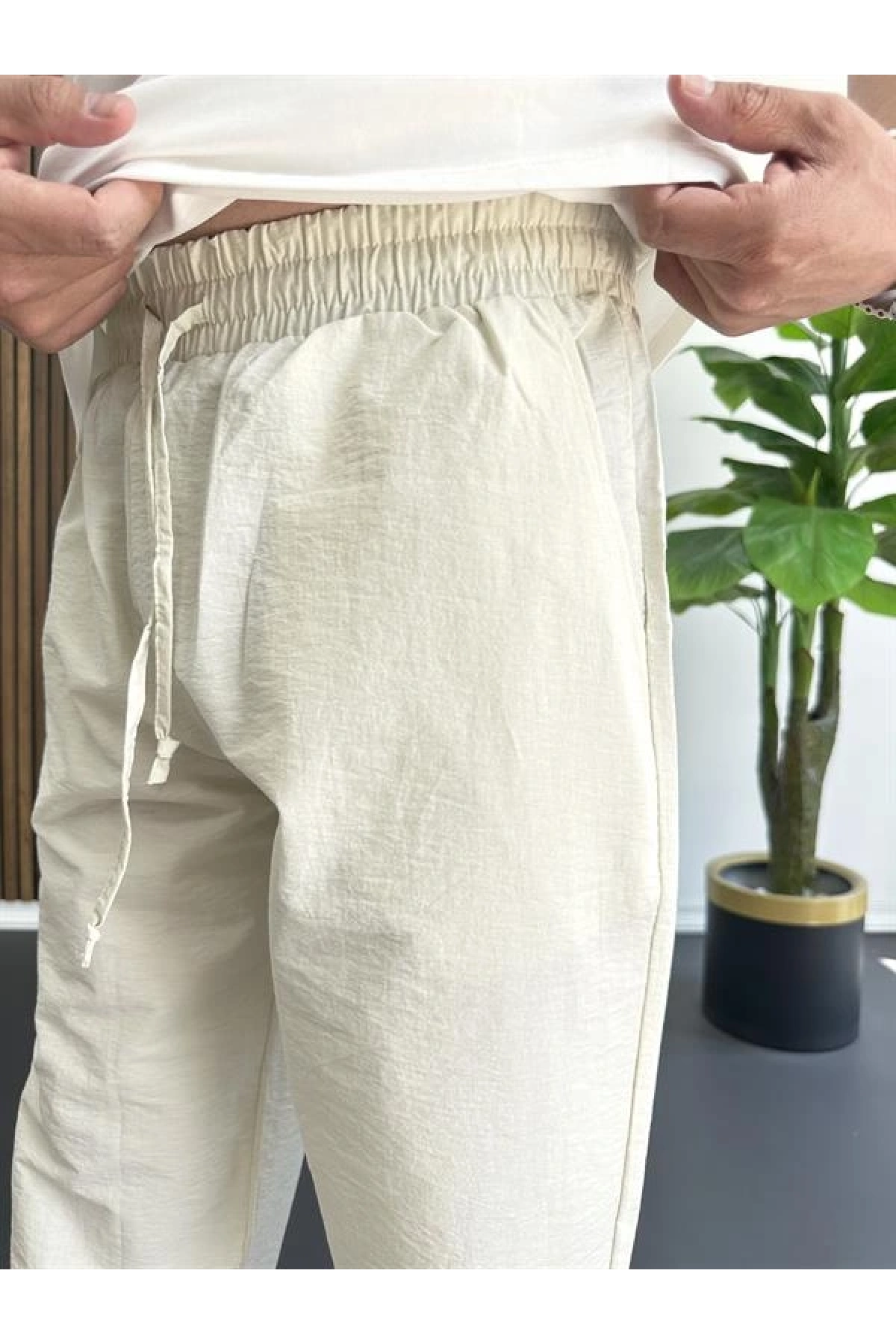 Erkek Beli Lastikli Baggy Rahat Pantolon Krem Edw359