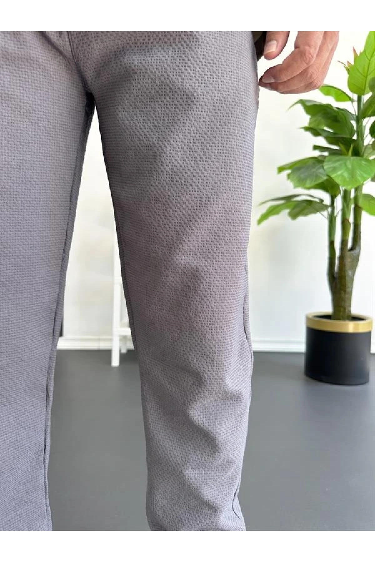 Erkek Beli Lastikli Gofre Kumaş Jogger Pantolon Füme Edw358