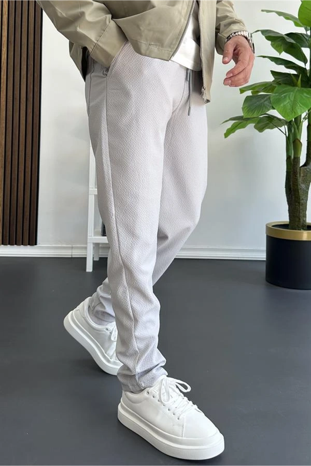 Erkek Beli Lastikli Gofre Kumaş Jogger Pantolon Gri Edw358