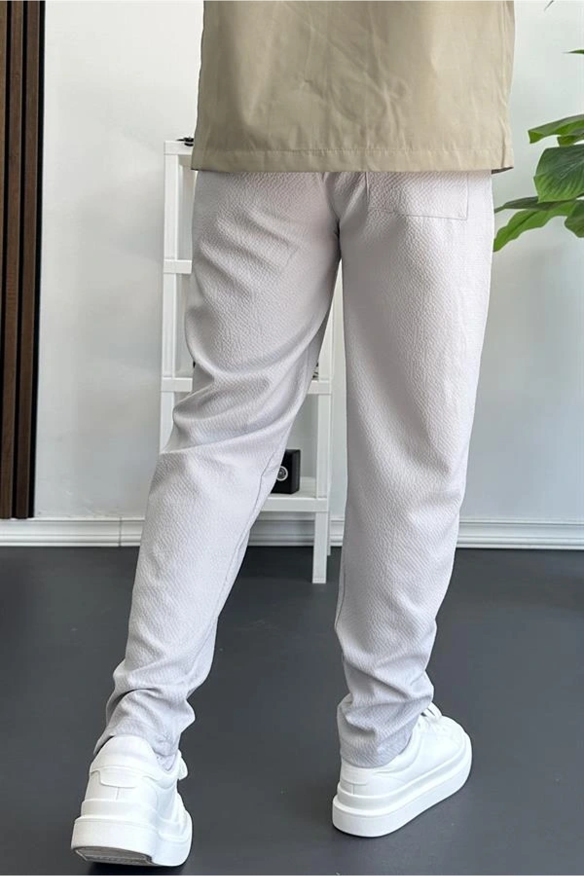 Erkek Beli Lastikli Gofre Kumaş Jogger Pantolon Gri Edw358