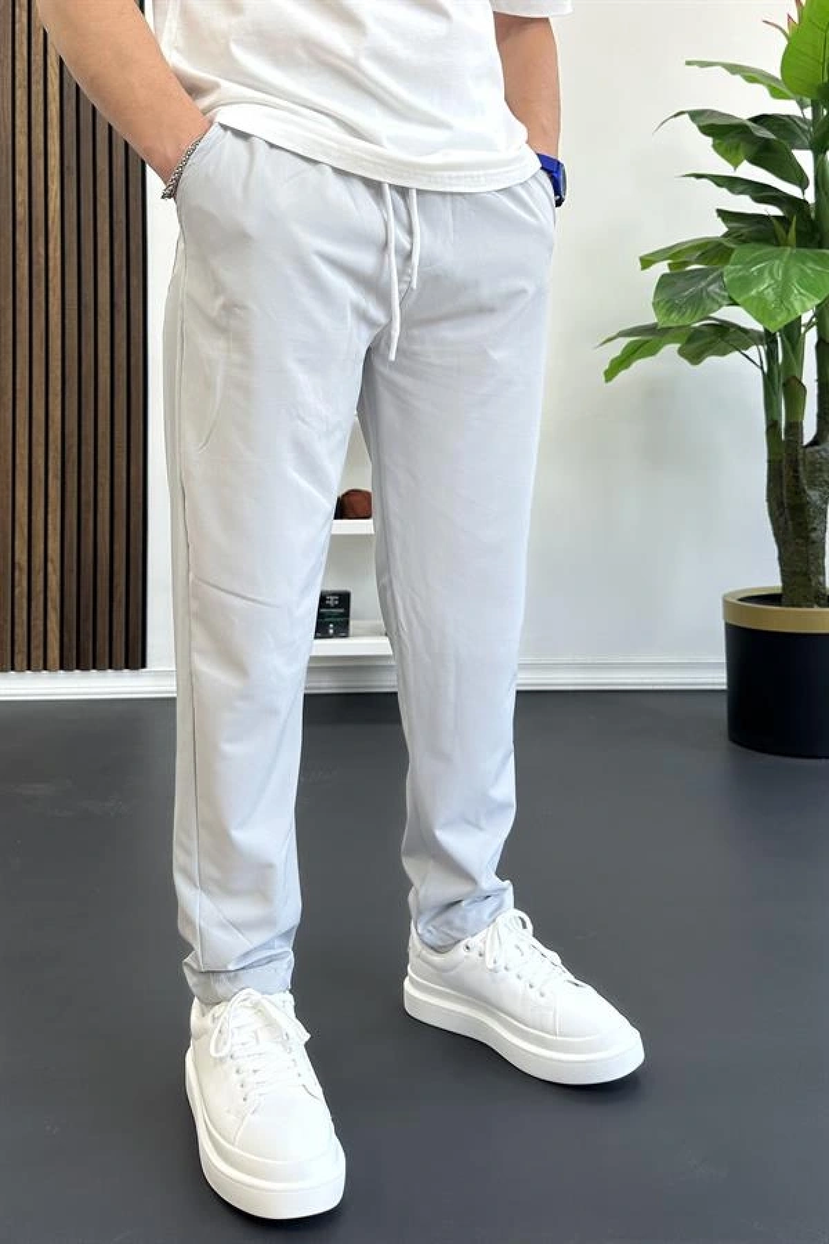 Erkek Beli Lastikli Jogger Pantolon Açık Gri Edw354