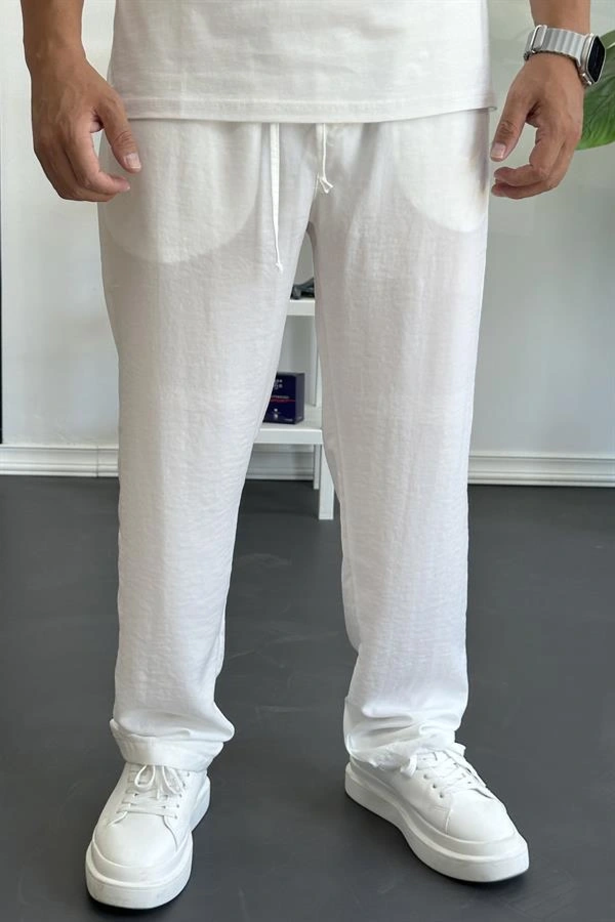 Erkek Beli Lastikli Modal Kumaş Rahat Kesim Pantolon Beyaz Edw396