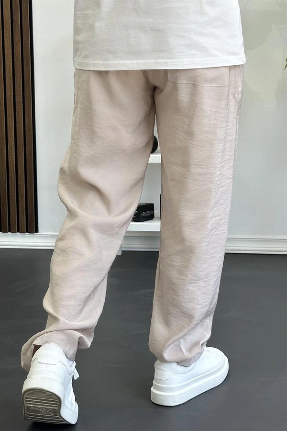 Erkek Beli Lastikli Modal Kumaş Rahat Kesim Pantolon Krem Edw396