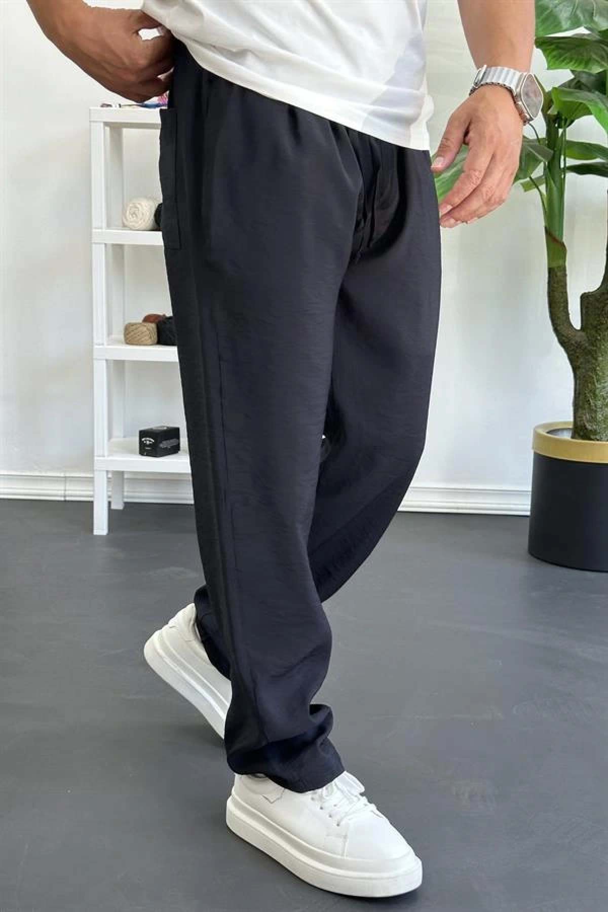 Erkek Beli Lastikli Modal Kumaş Rahat Kesim Pantolon Siyah Edw396