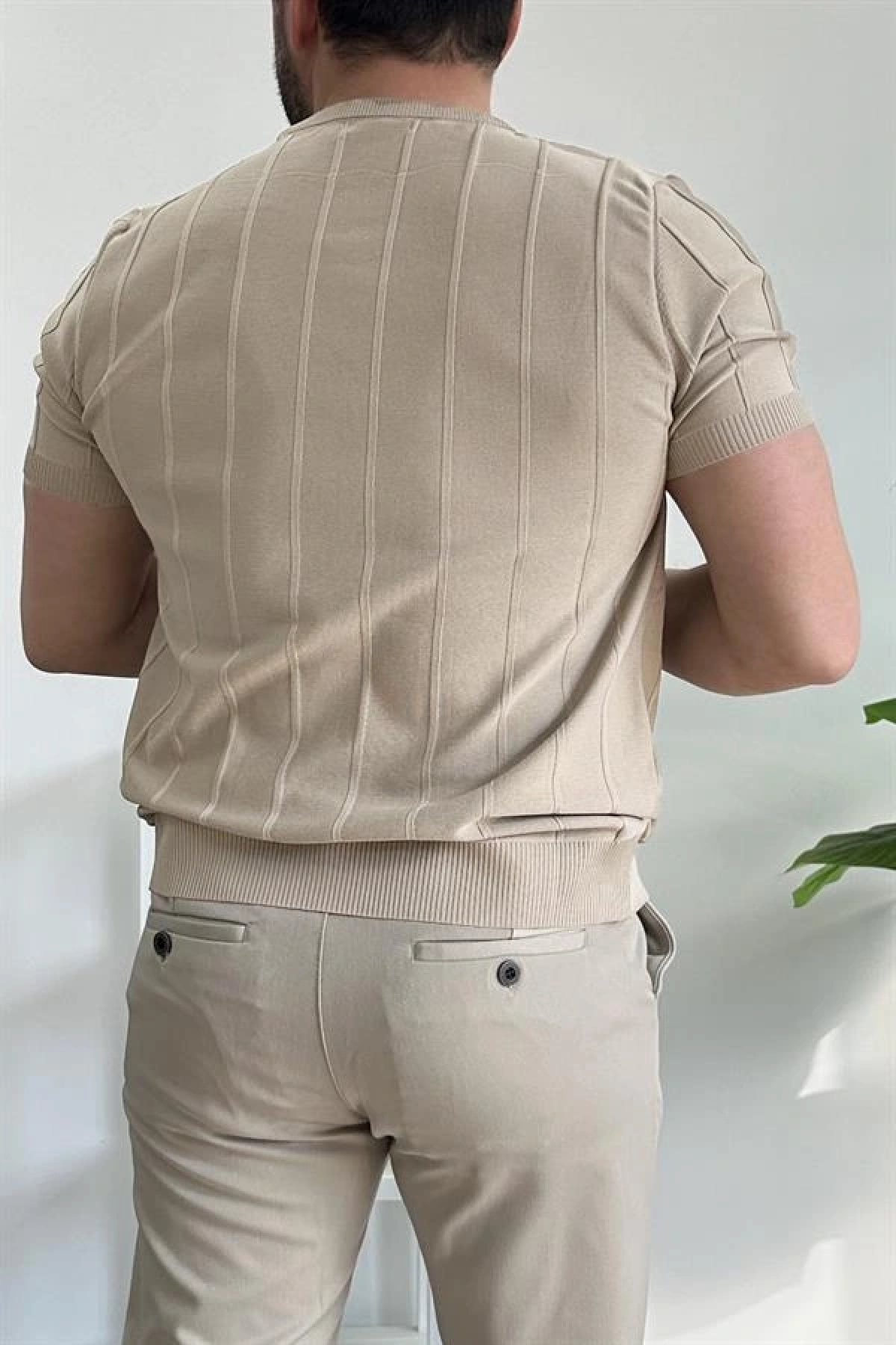 Erkek Bisiklet Yaka Desenli Tişört Vizon Edw260