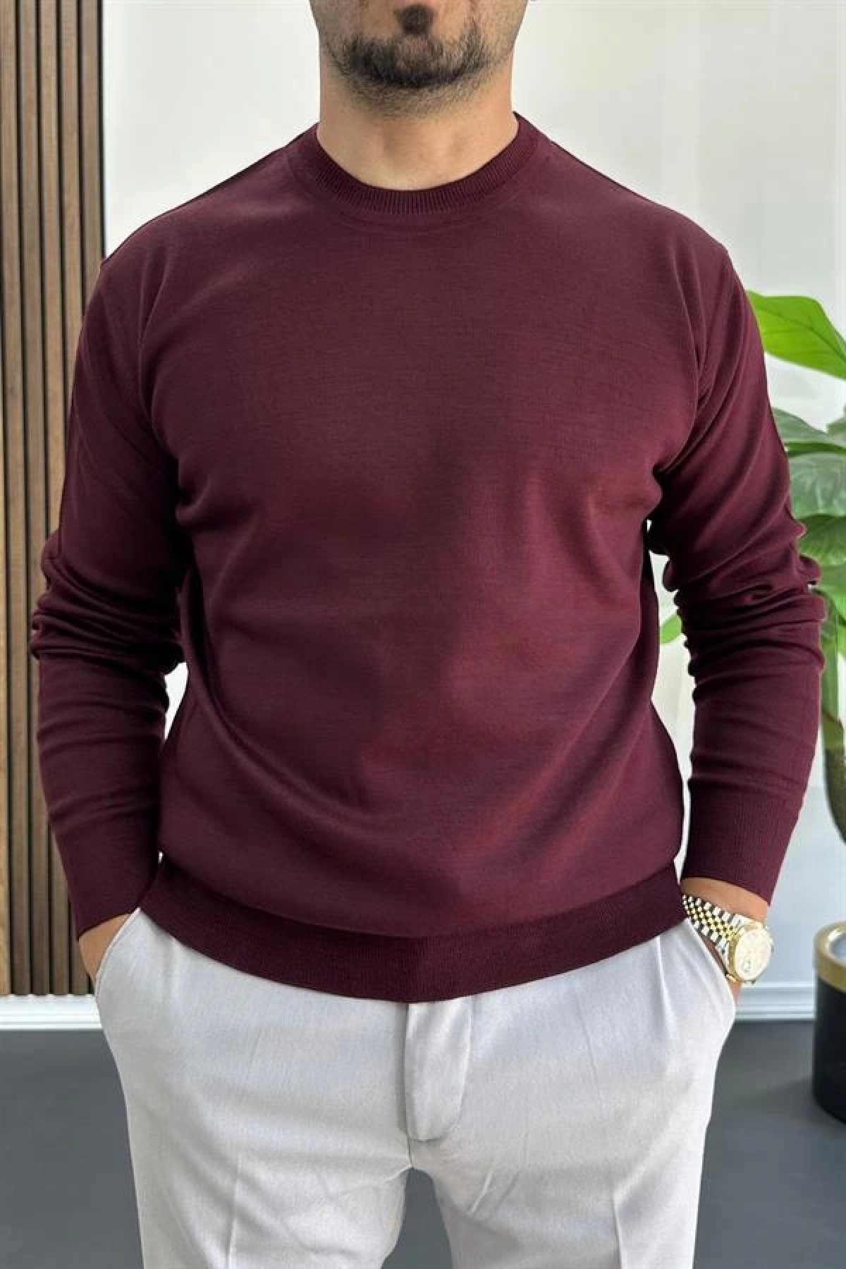 Erkek Bisiklet Yaka Normal Kalıp Kazak Bordo Edw410