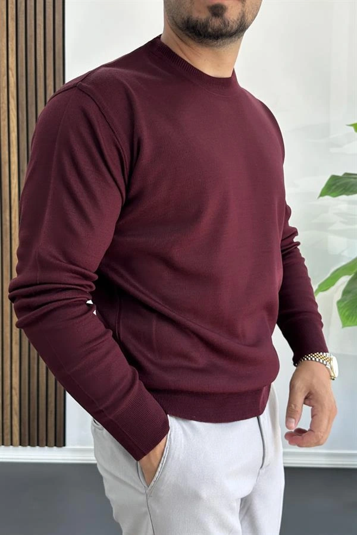 Erkek Bisiklet Yaka Normal Kalıp Kazak Bordo Edw410