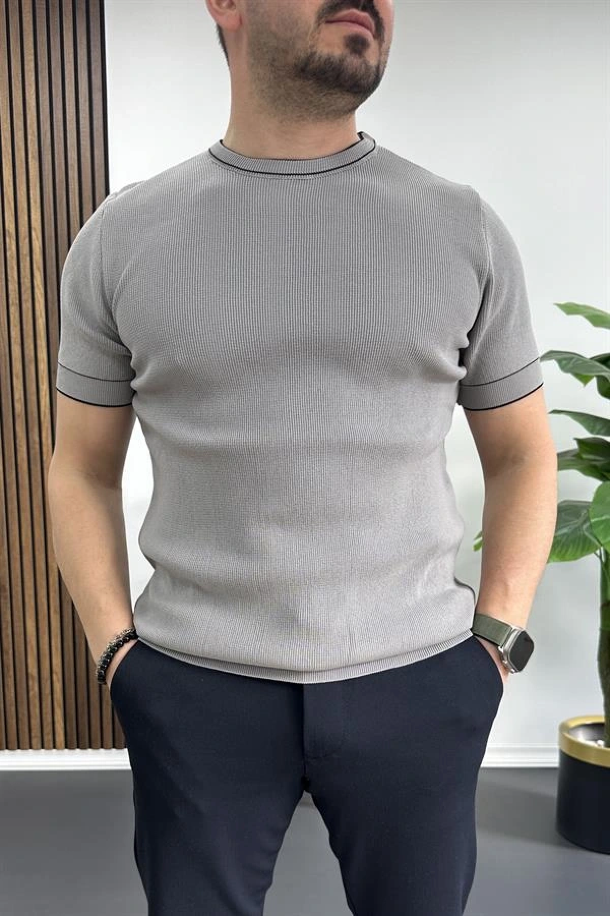 Erkek Bisiklet Yaka Triko Tişört Gri Edw233