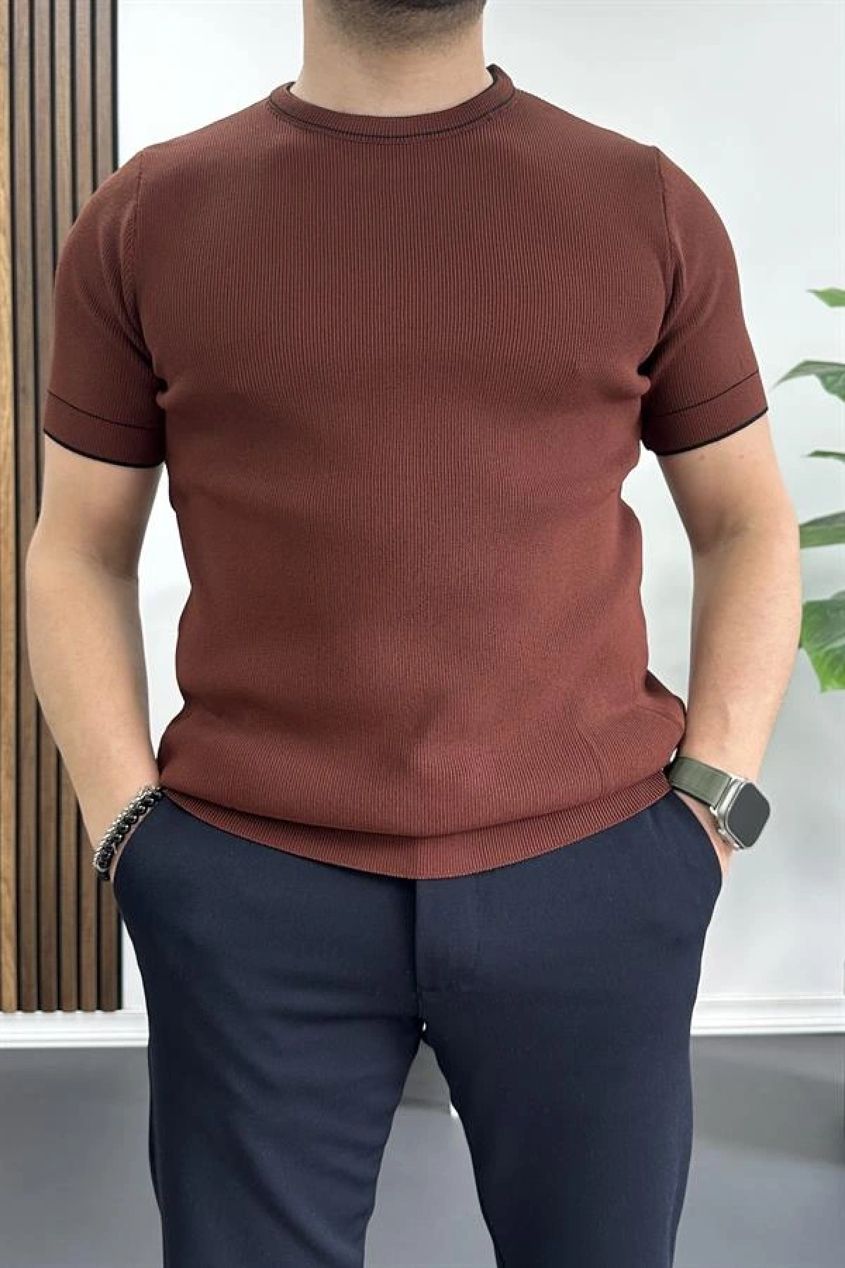 Erkek Bisiklet Yaka Triko Tişört Kiremit Edw233