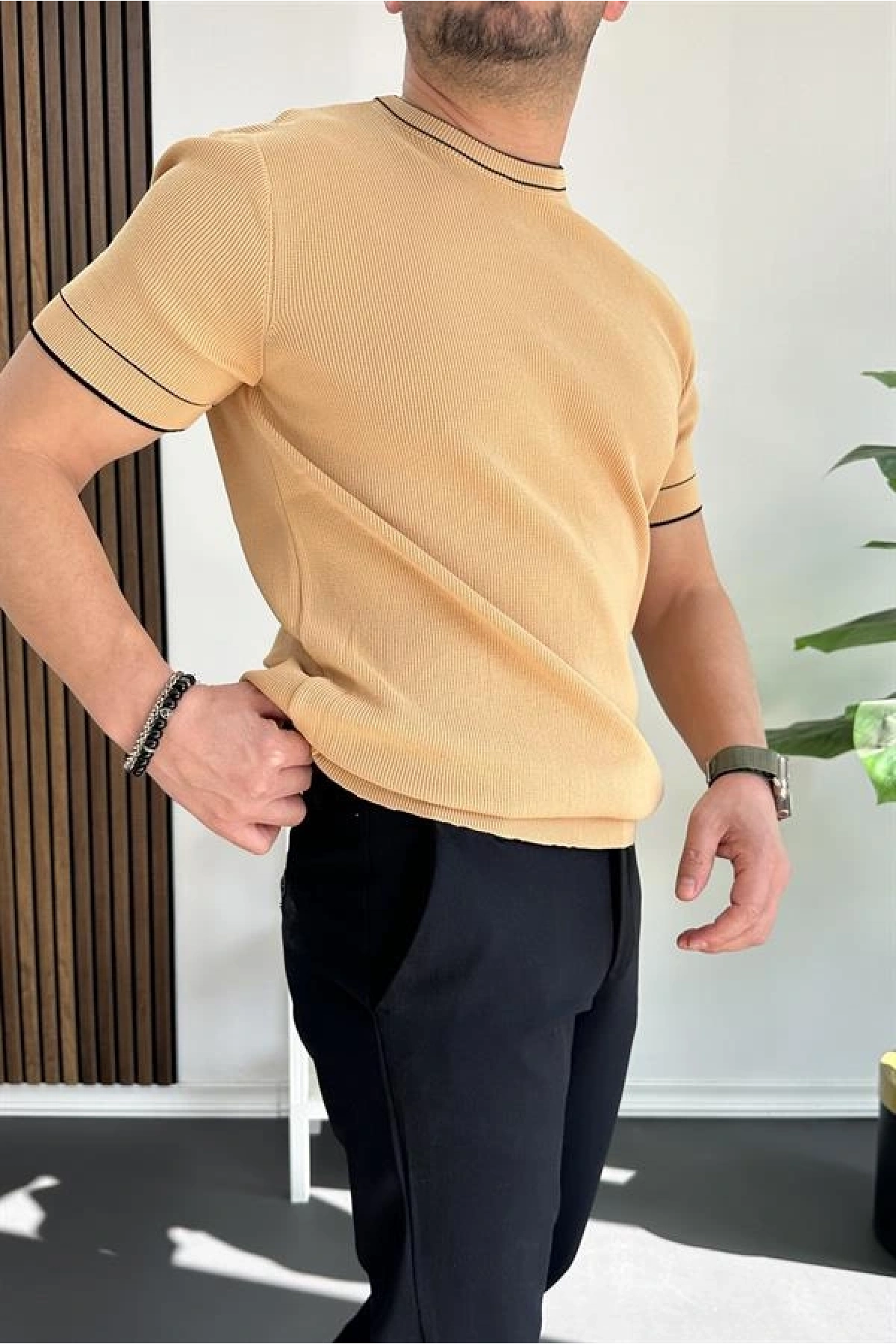 Erkek Bisiklet Yaka Triko Tişört Sarı Edw233